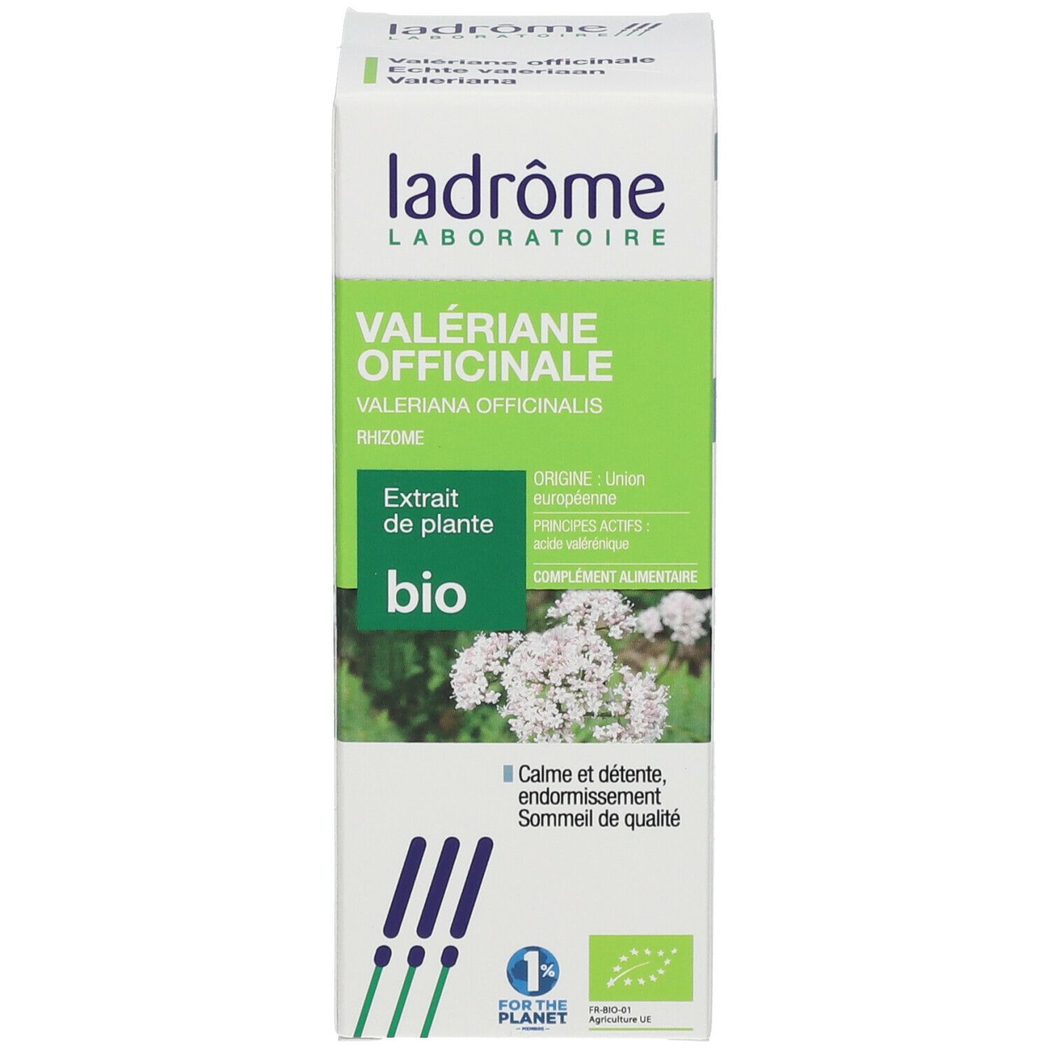 Emballage avec nom du produit, label bio et motif floral. Texte: Valériane Officinale.