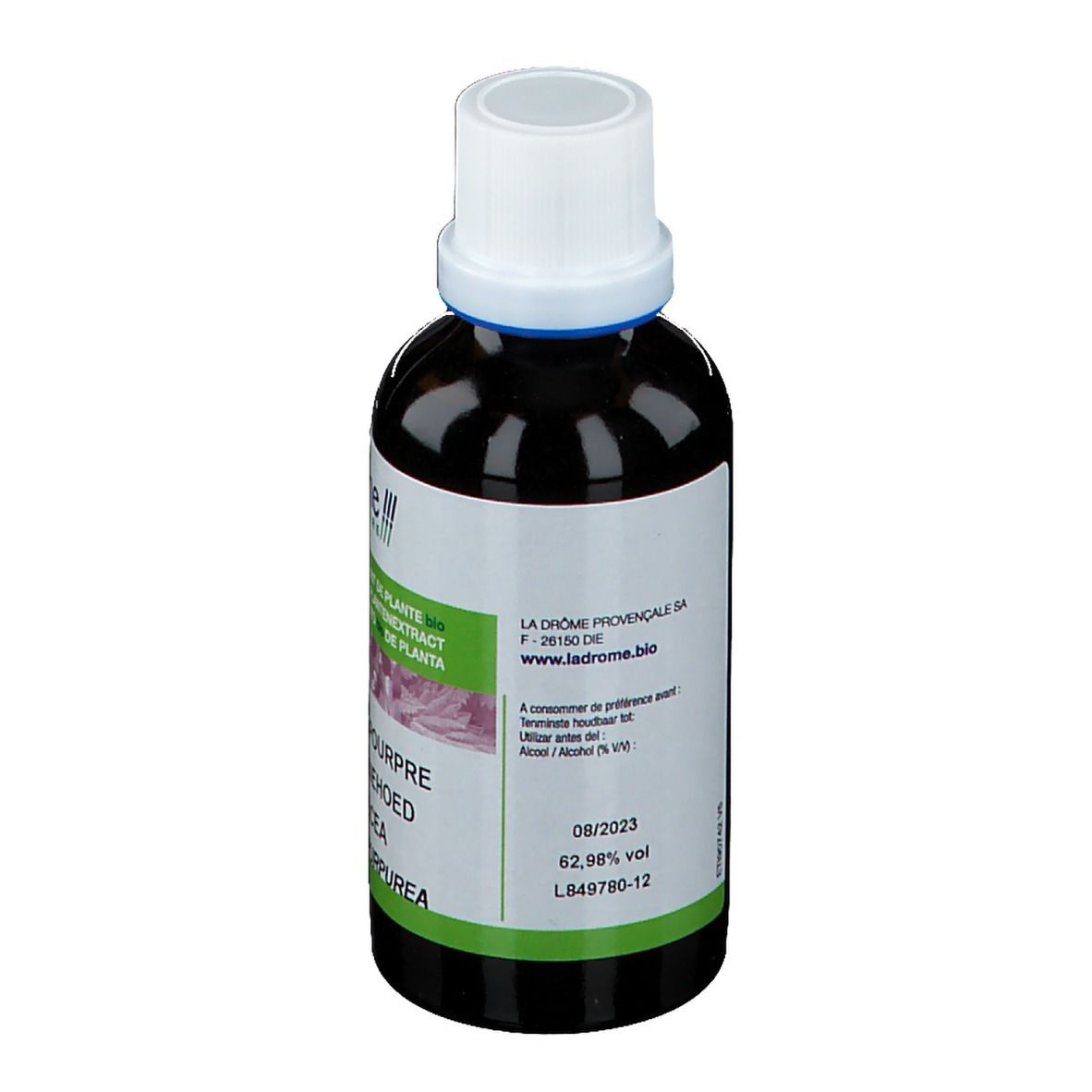 Achteraanzicht van een bruine glazen fles met witte dop. Etiket met informatie en houdbaarheidsdatum. Merk: Ladrôme.