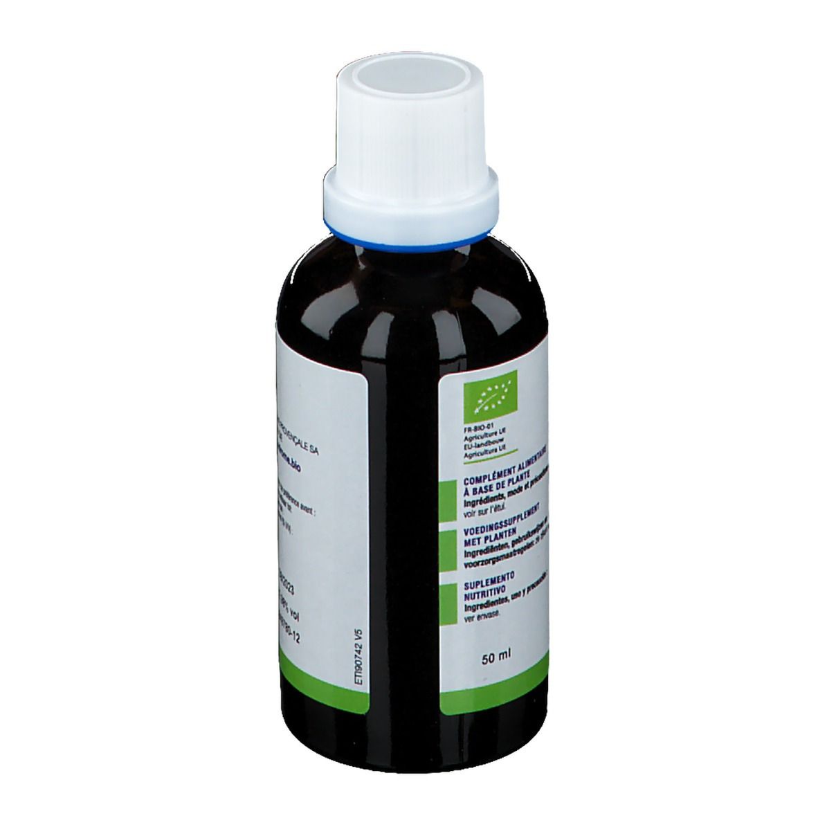 Achteraanzicht van een bruine glazen fles met witte dop. Etiket met informatie en bio-keurmerk. Merk: Ladrôme.