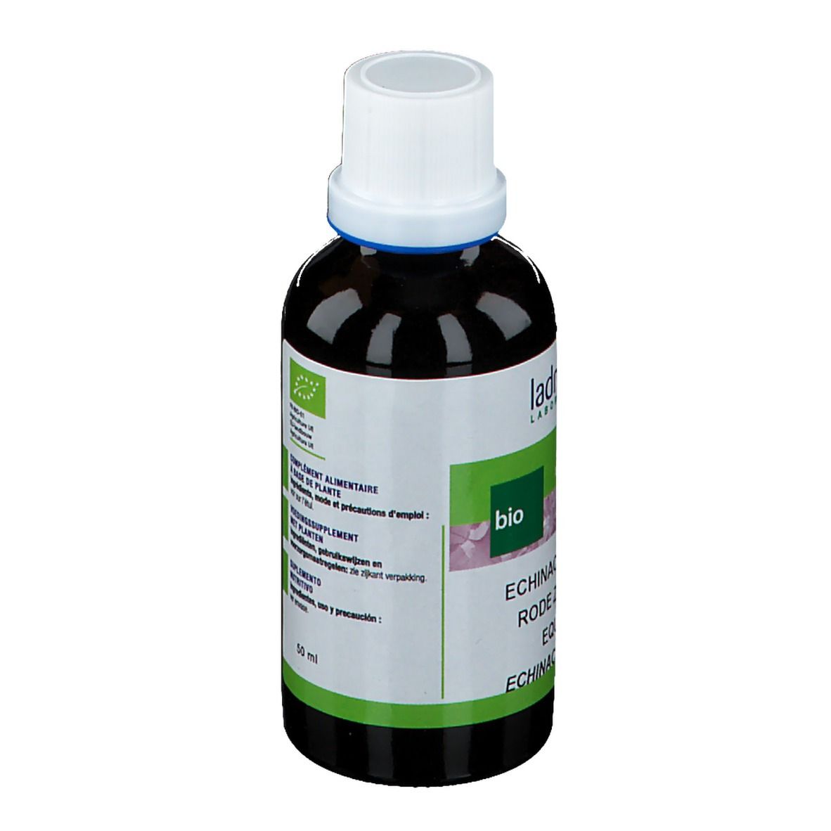 Bruine glazen fles met witte dop. Etiket met productnaam en bio-keurmerk. Merk: Ladrôme.