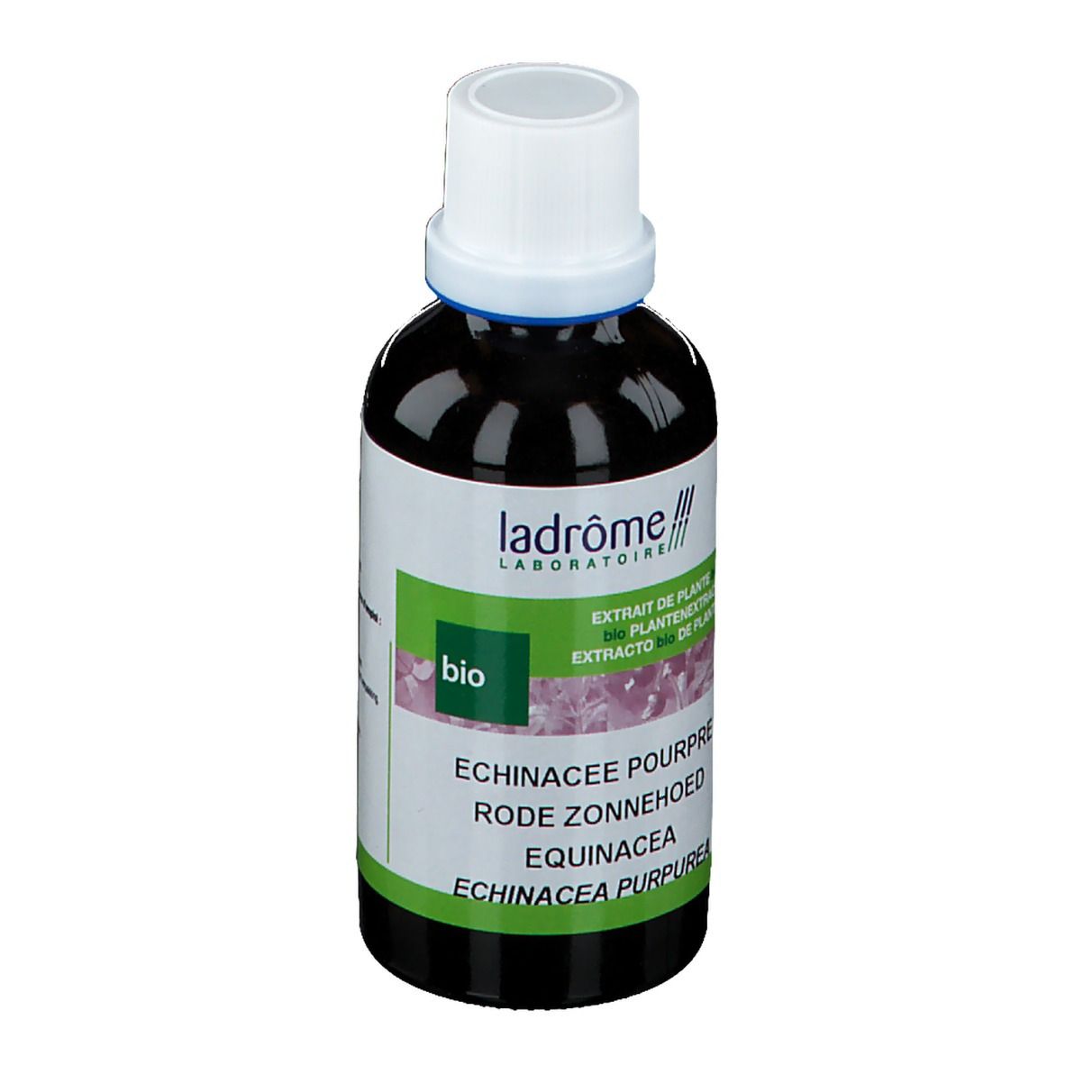 Bruine glazen fles met witte dop. Etiket met productnaam en bio-keurmerk. Merk: Ladrôme.