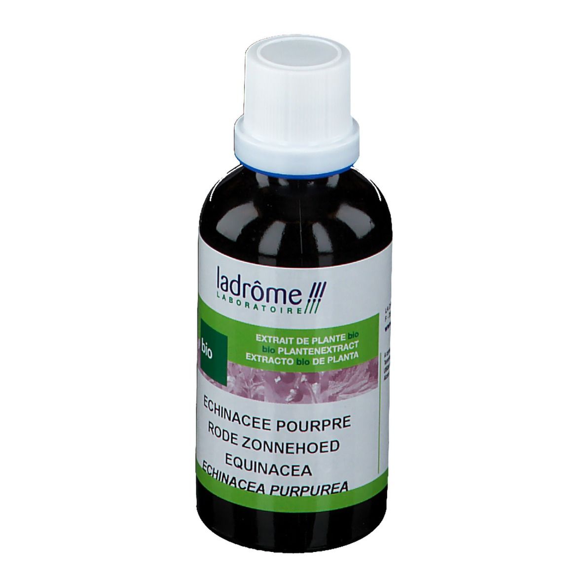 Bruine glazen fles met witte dop. Etiket met productnaam en bio-keurmerk. Merk: Ladrôme.