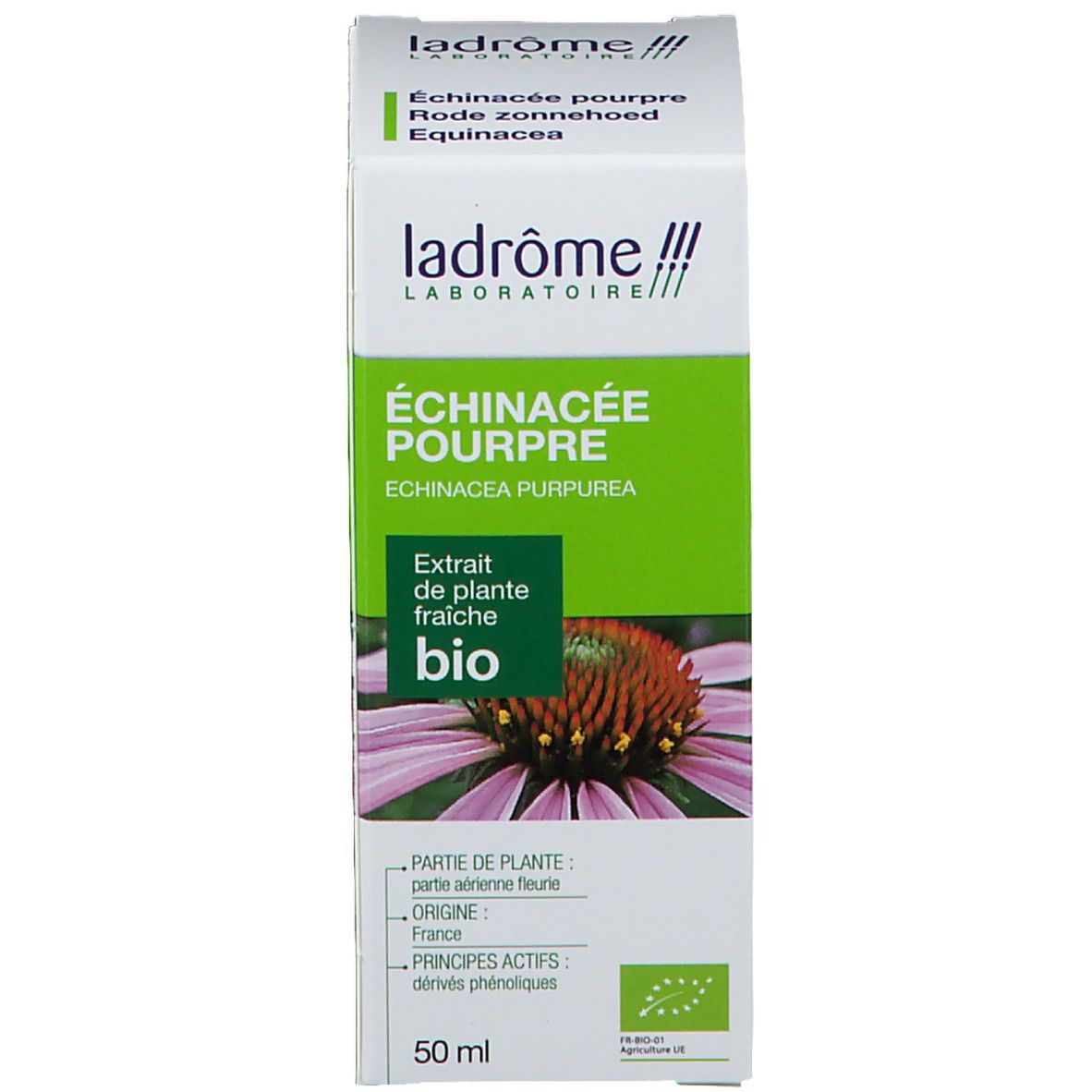 Productverpakking. Witte doos met productnaam, bio-keurmerk en afbeelding van een bloem. Merk: Ladrôme.