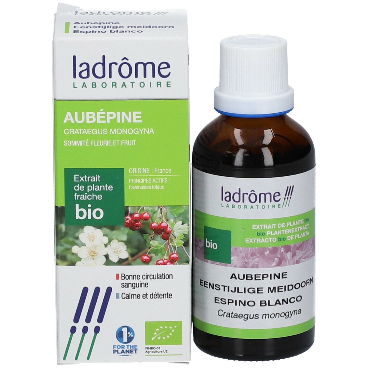 Braune Glasflasche mit weißem Deckel und Etikett. Daneben eine grüne Schachtel. Produktname: Aubépine.