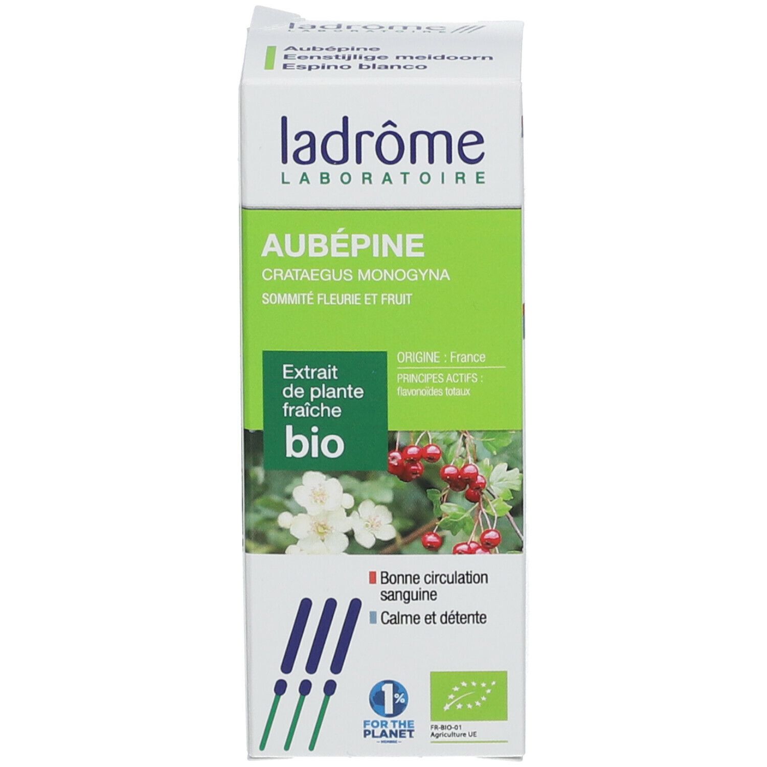 Grüne Schachtel mit Produktinformationen. Produktname: Aubépine. Bio-Siegel und Text.