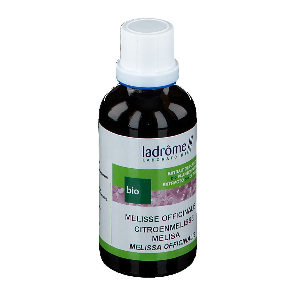 Flacon en verre brun avec bouchon blanc. Inscription: Ladrome, Mélisse Officinale, Bio. Extrait de plante.