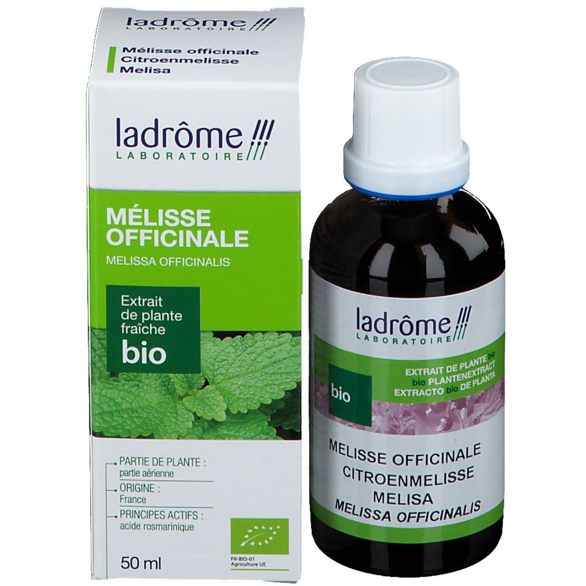 Flacon en verre brun et emballage vert. Inscription: Ladrome, Mélisse Officinale, Bio. Extrait de plante.