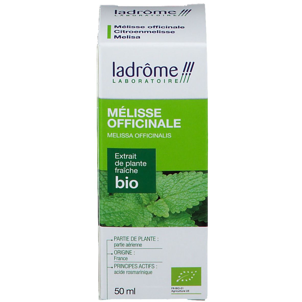Emballage vert. Inscription: Ladrome, Mélisse Officinale, Bio. Extrait de plante. Avec label bio.