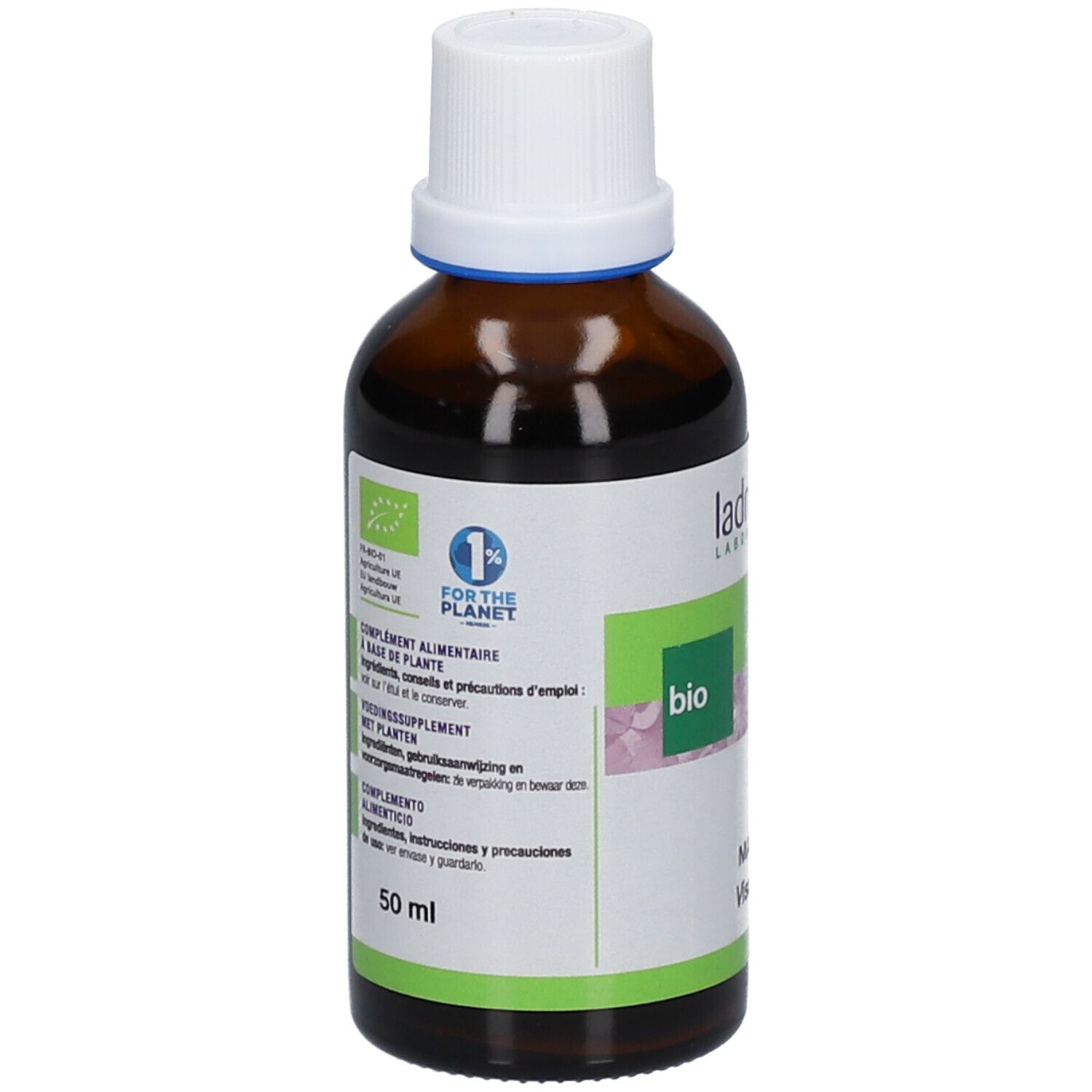 Bruine glazen fles met witte dop. Etiket met productinformatie, bio-keurmerk en 50 ml. Bevat tekst in meerdere talen.