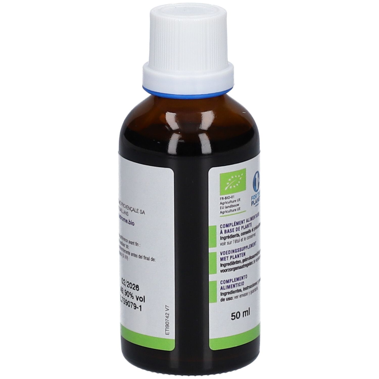 Bruine glazen fles met witte dop. Achterkant met productinformatie, bio-keurmerk en 50 ml. Tekst in meerdere talen.