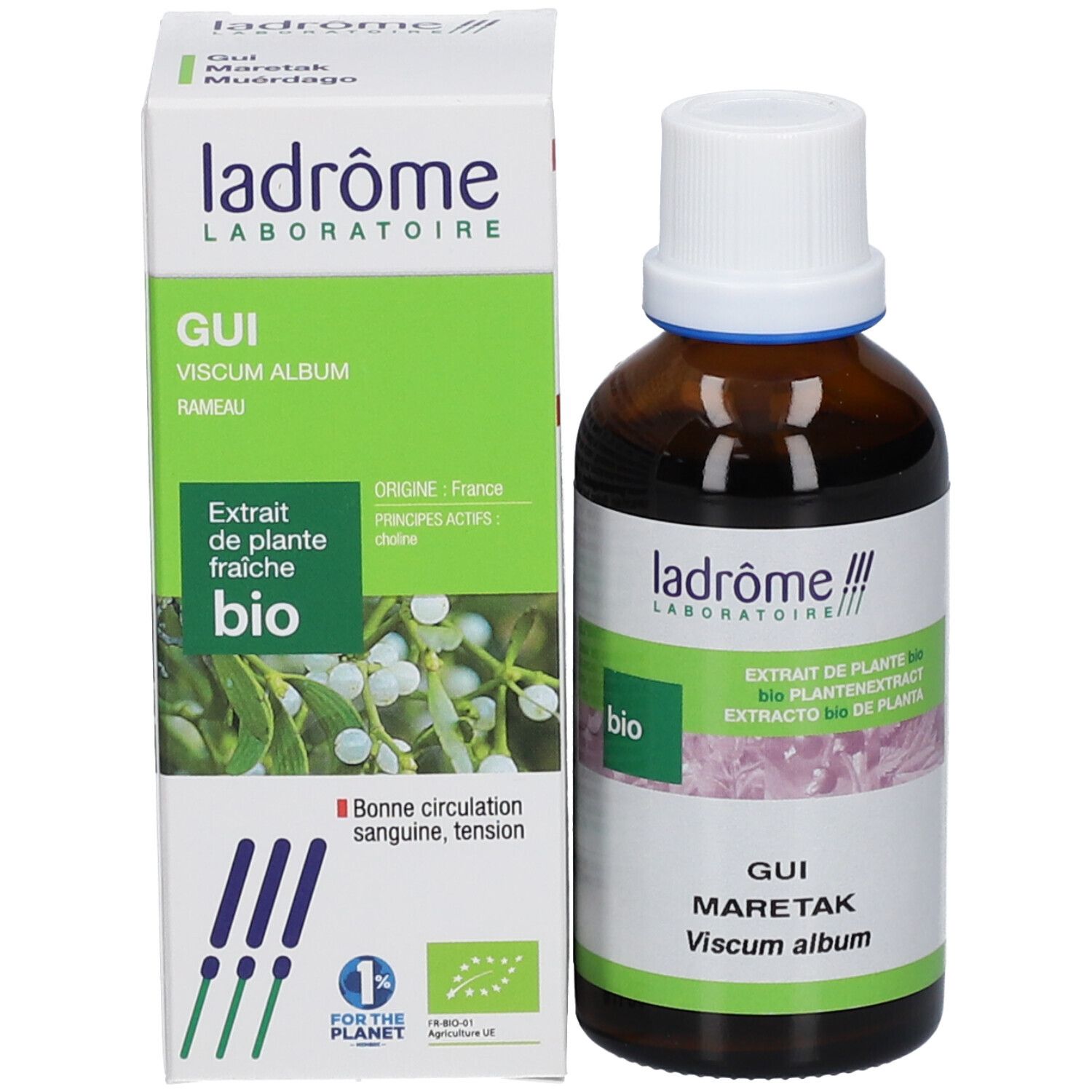 Productfles en verpakking. Fles bruin met witte dop. Verpakking wit met groene accenten en productinformatie.