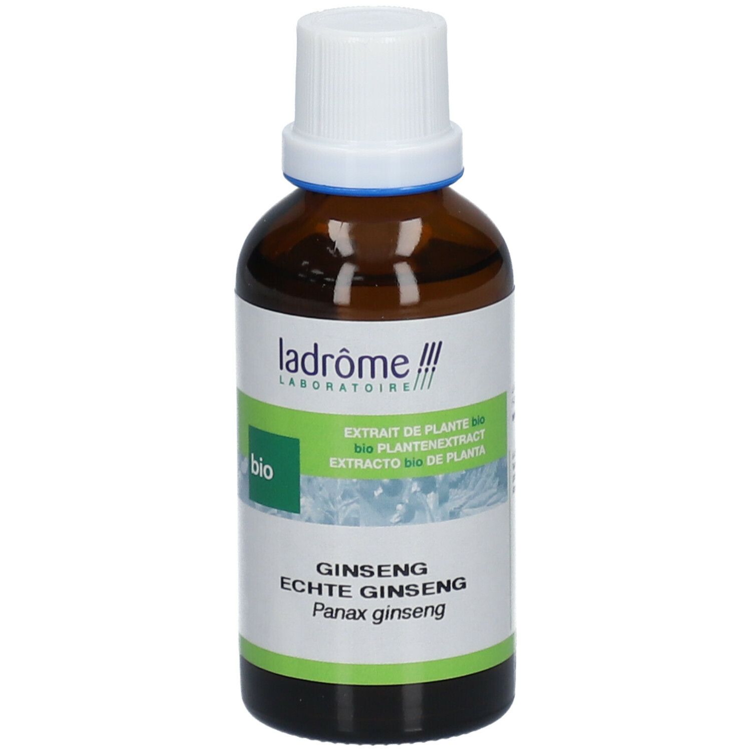 Bruine glazen fles met witte dop en etiket. Productnaam en bio-label zichtbaar.