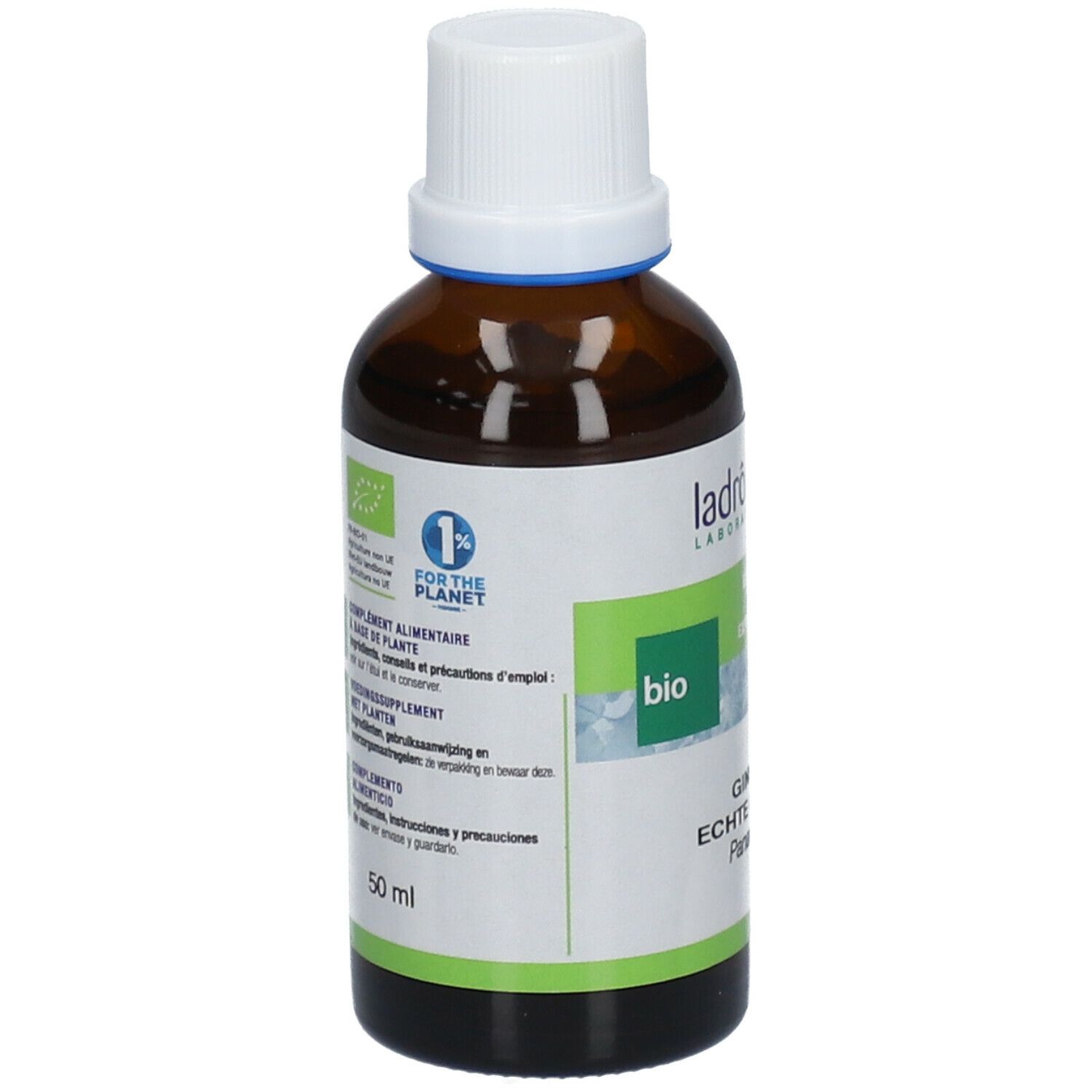 Bruine glazen fles met witte dop en etiket. Bio-label en productinformatie zichtbaar.