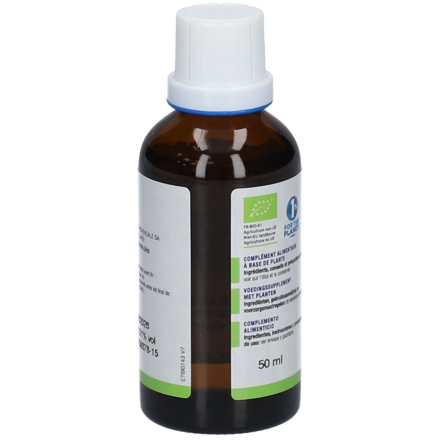 Bruine glazen fles met witte dop en etiket. Productinformatie en volume-aanduiding 50 ml.