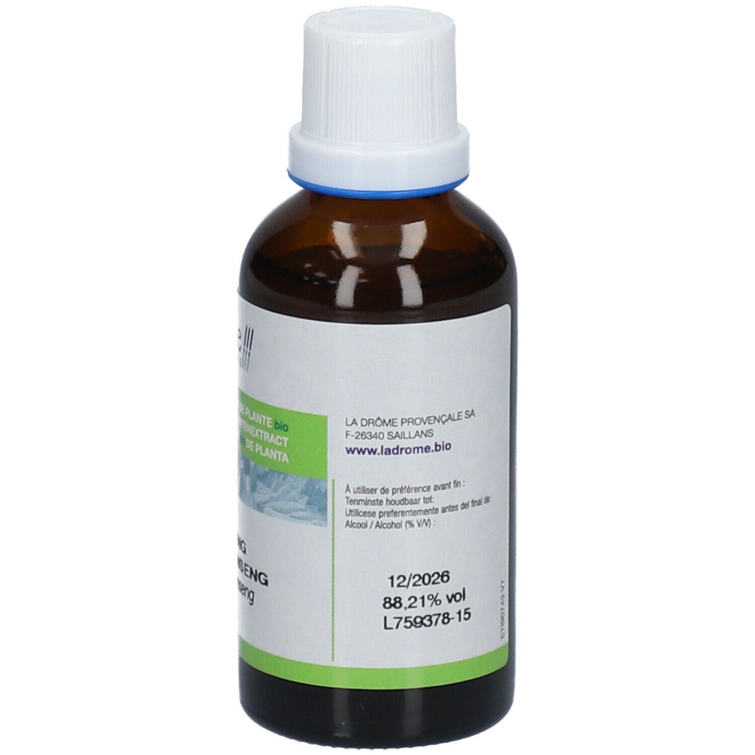 Bruine glazen fles met witte dop en etiket. Houdbaarheidsdatum en volumepercentage.