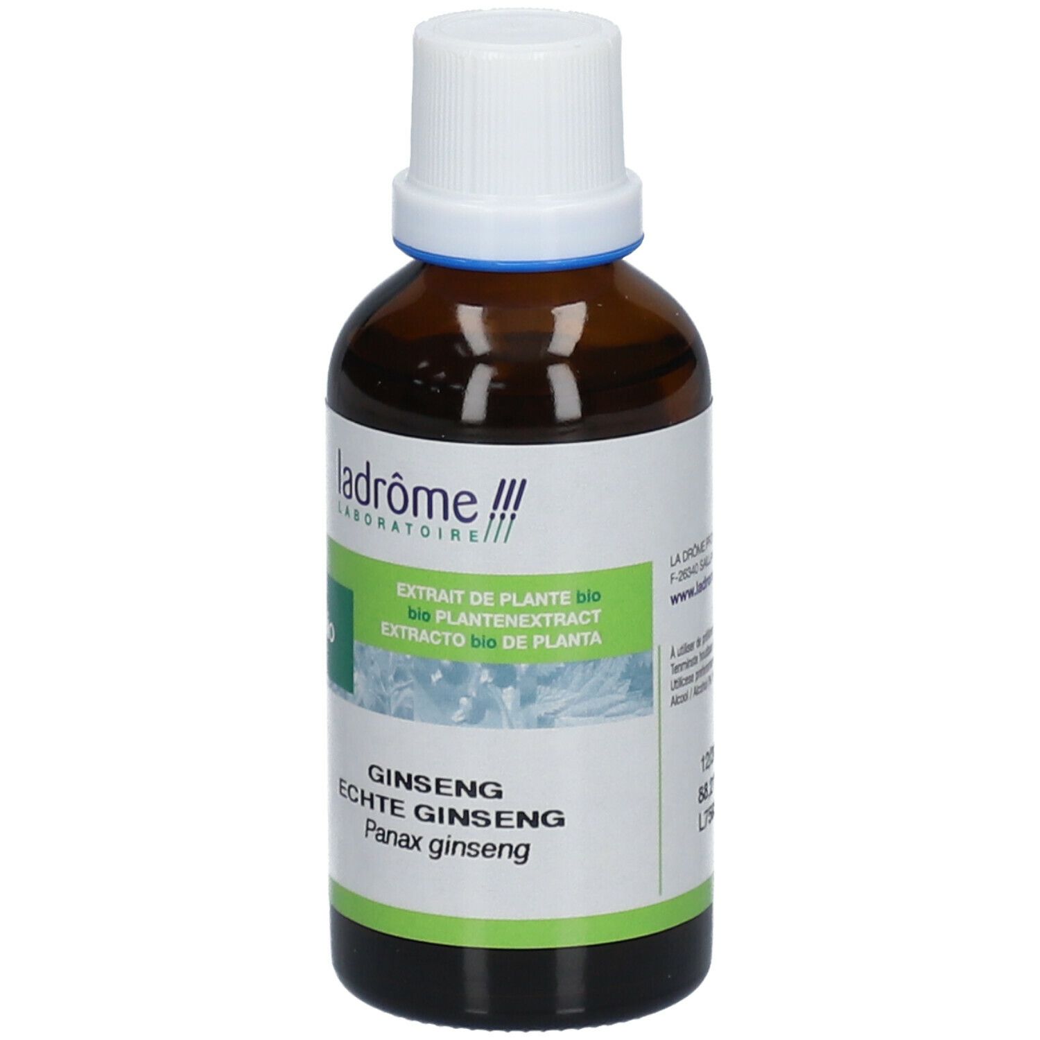Bruine glazen fles met witte dop en etiket. Productnaam en bio-label zichtbaar.