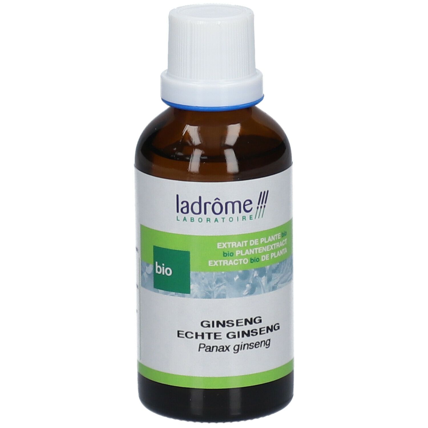 Bruine glazen fles met witte dop en etiket. Productnaam en bio-label zichtbaar.