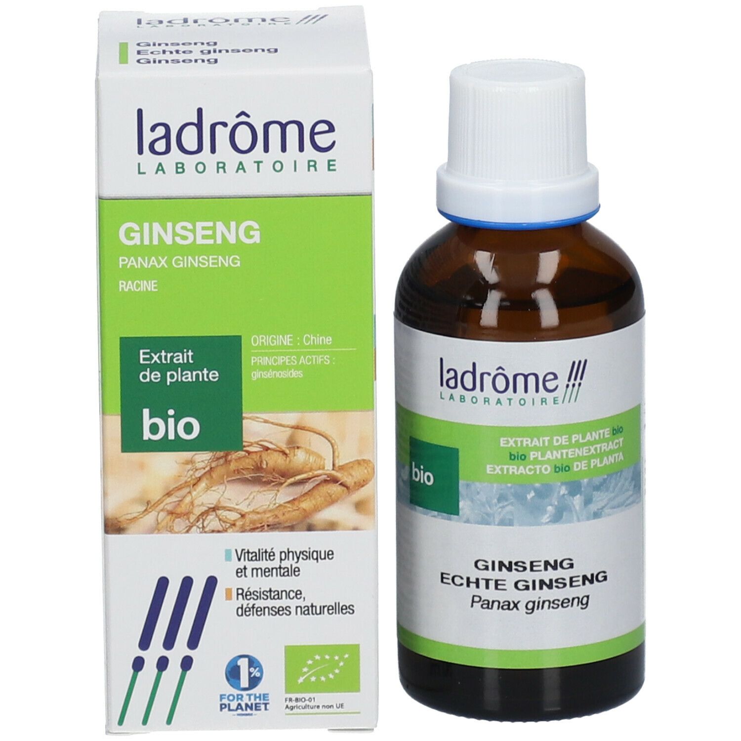 Bruine glazen fles met witte dop en etiket, naast een productverpakking. Bio-label.