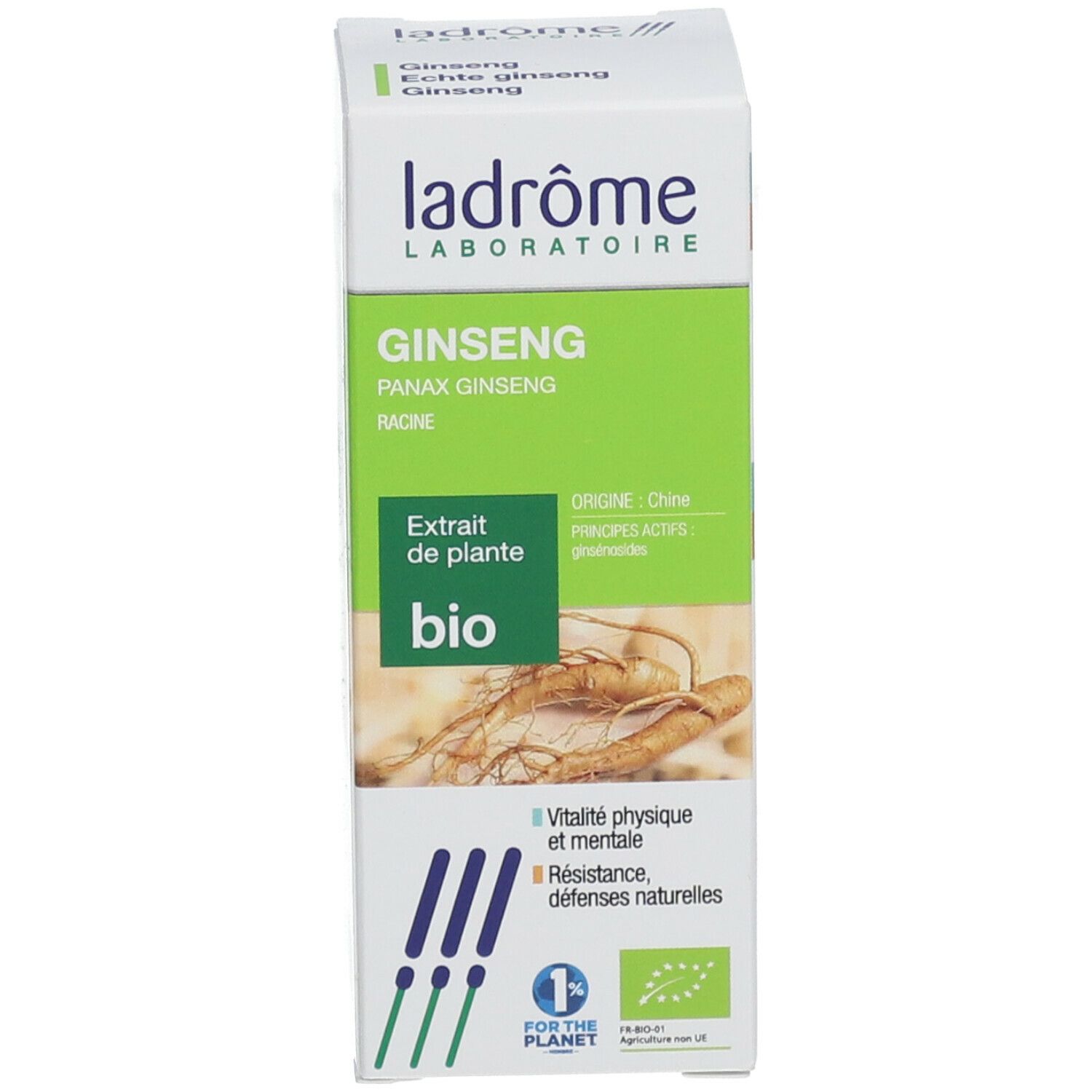 Productverpakking met productinformatie en bio-label. Illustratie van ginsengwortel.