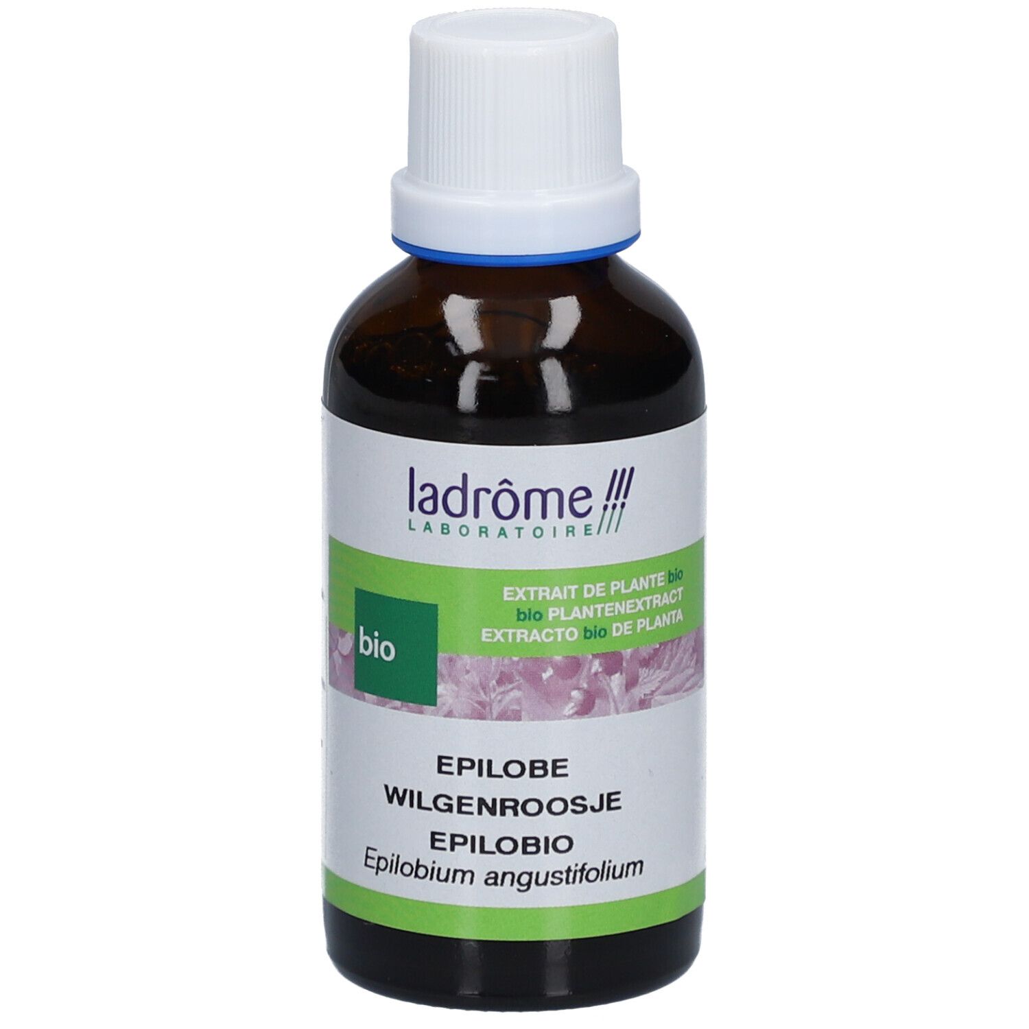 Bruine glazen fles met witte dop en etiket. Productnaam en bio-keurmerk zijn zichtbaar.