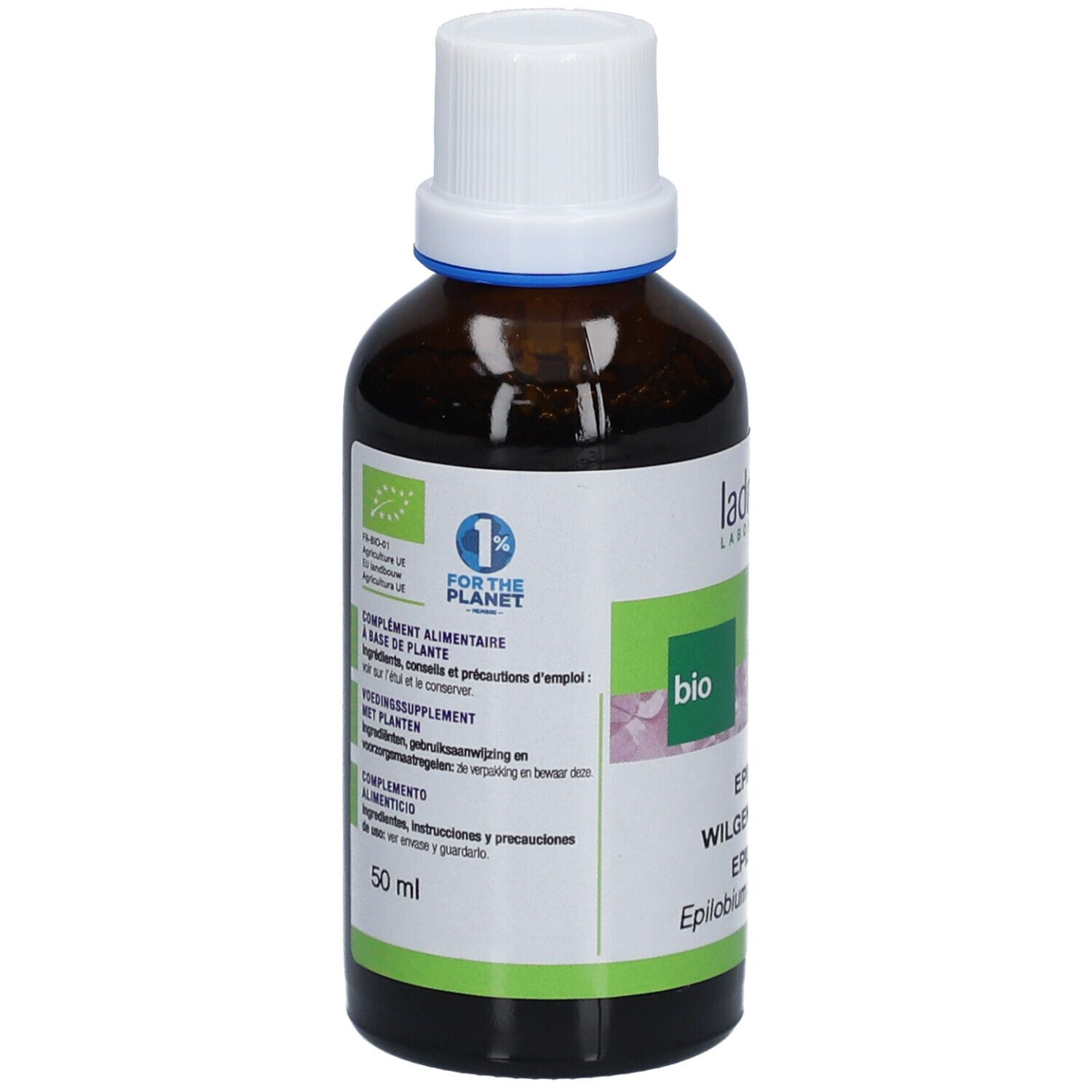 Bruine glazen fles met witte dop en etiket. Bio-keurmerk en productinformatie zijn zichtbaar.