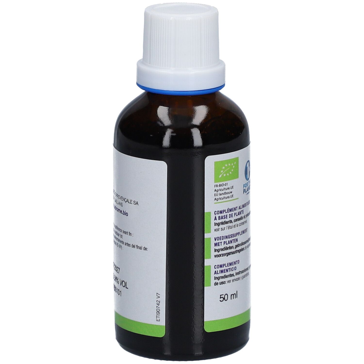 Bruine glazen fles met witte dop en etiket. Achterkant met productinformatie en certificeringen.