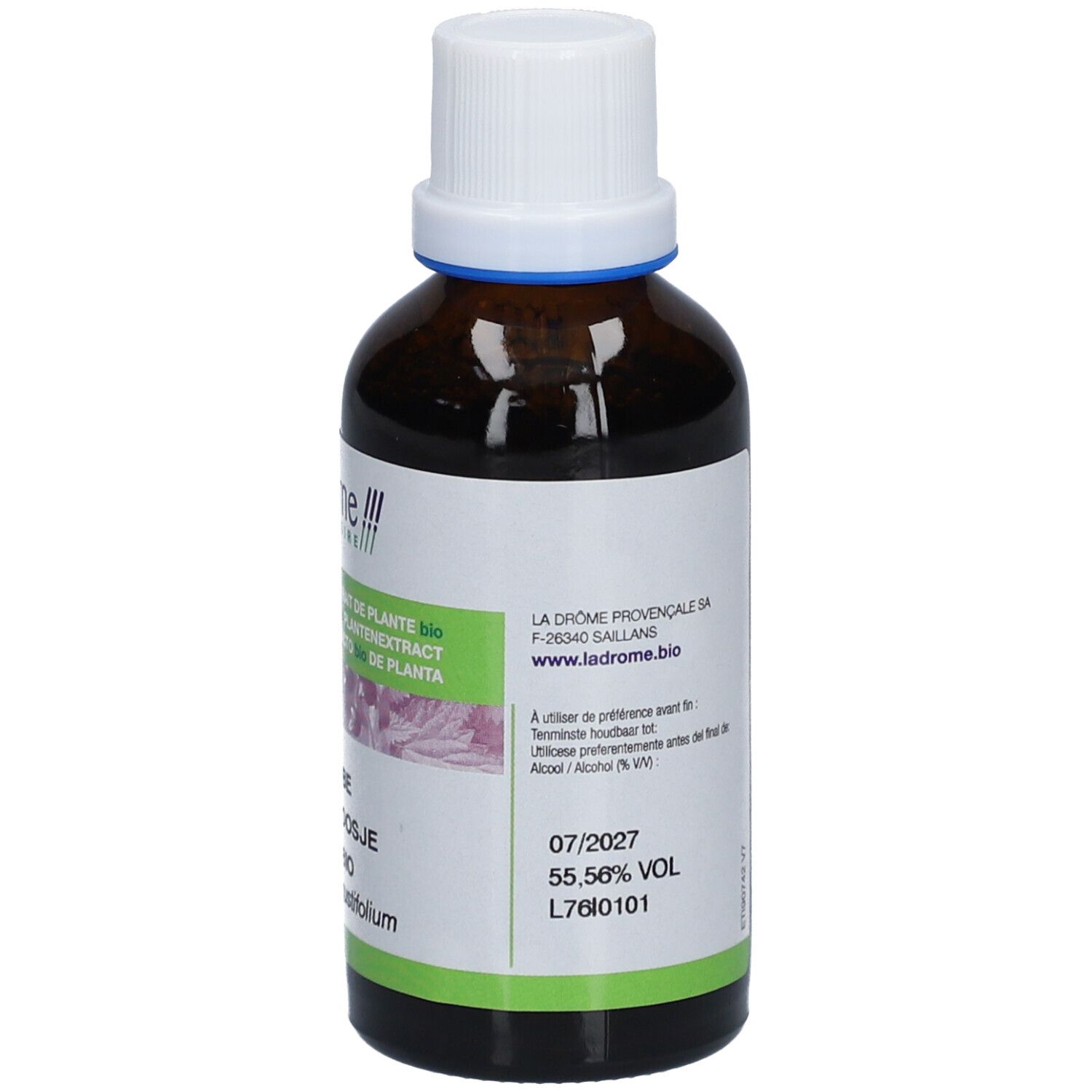 Bruine glazen fles met witte dop en etiket. Achterkant met productinformatie en certificeringen.