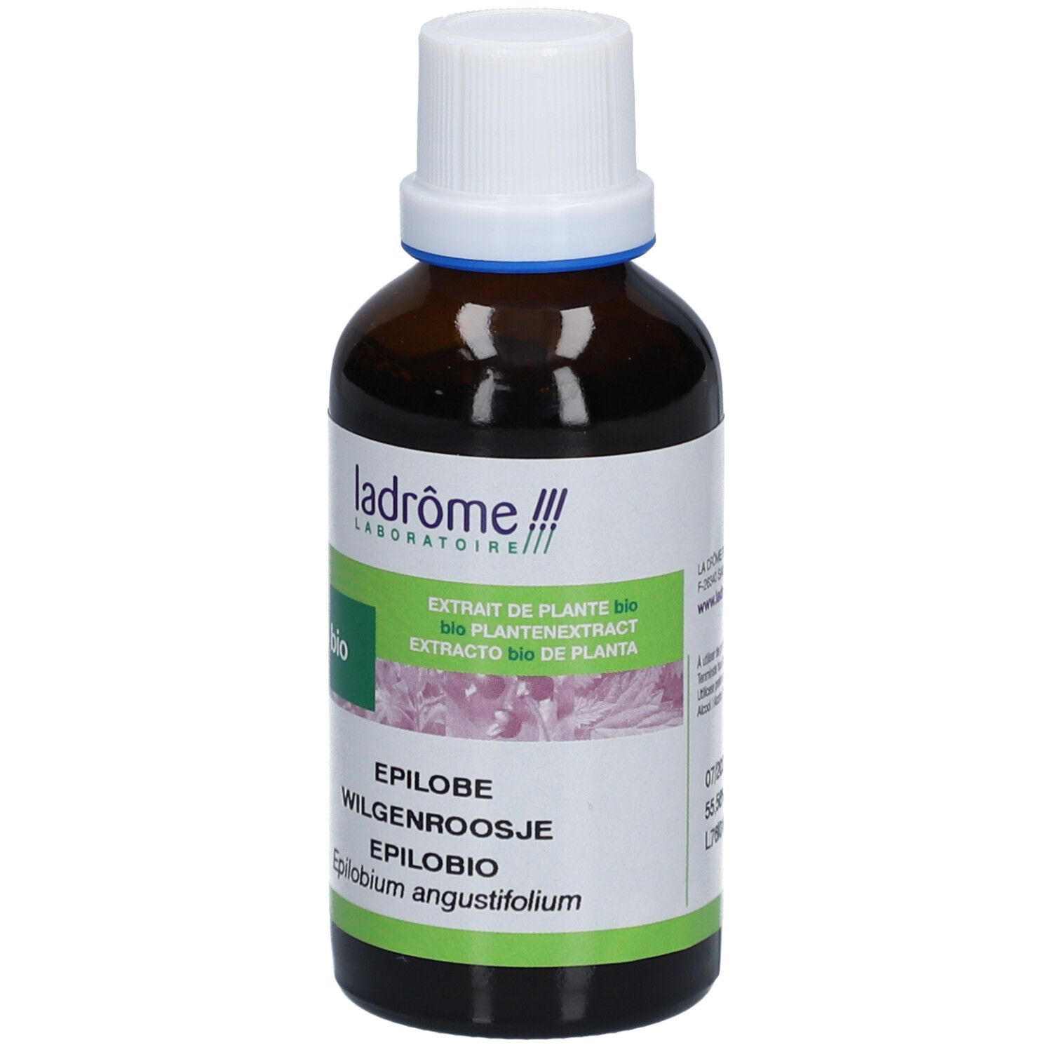 Bruine glazen fles met witte dop en etiket. Productnaam en bio-keurmerk zijn zichtbaar.