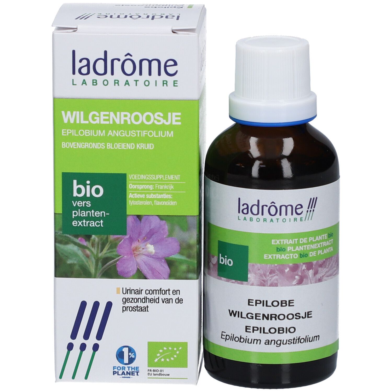 Bruine glazen fles en doos. Beide tonen productinformatie, bio-keurmerk en een bloem.