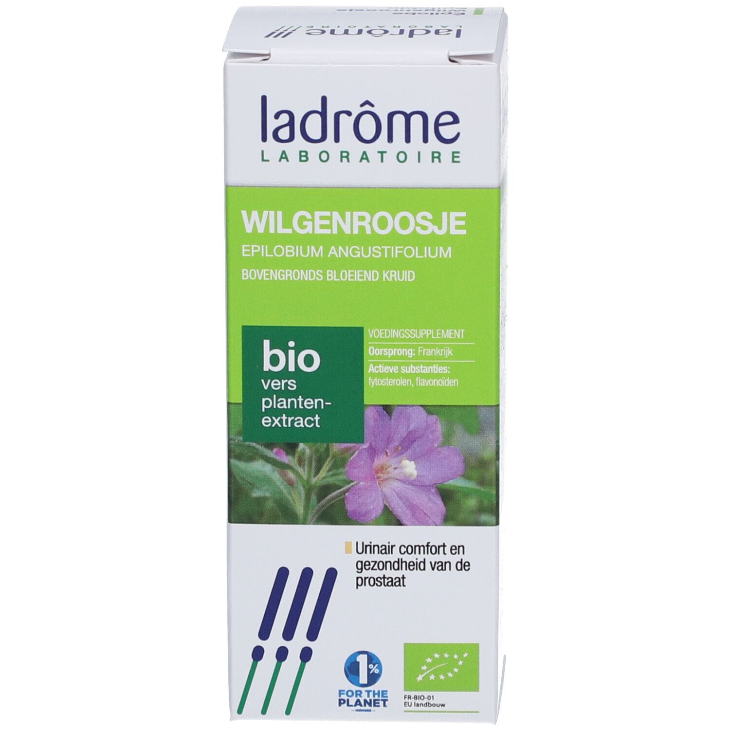 Doos met productinformatie, bio-keurmerk en een bloem. Productnaam en merk zijn zichtbaar.