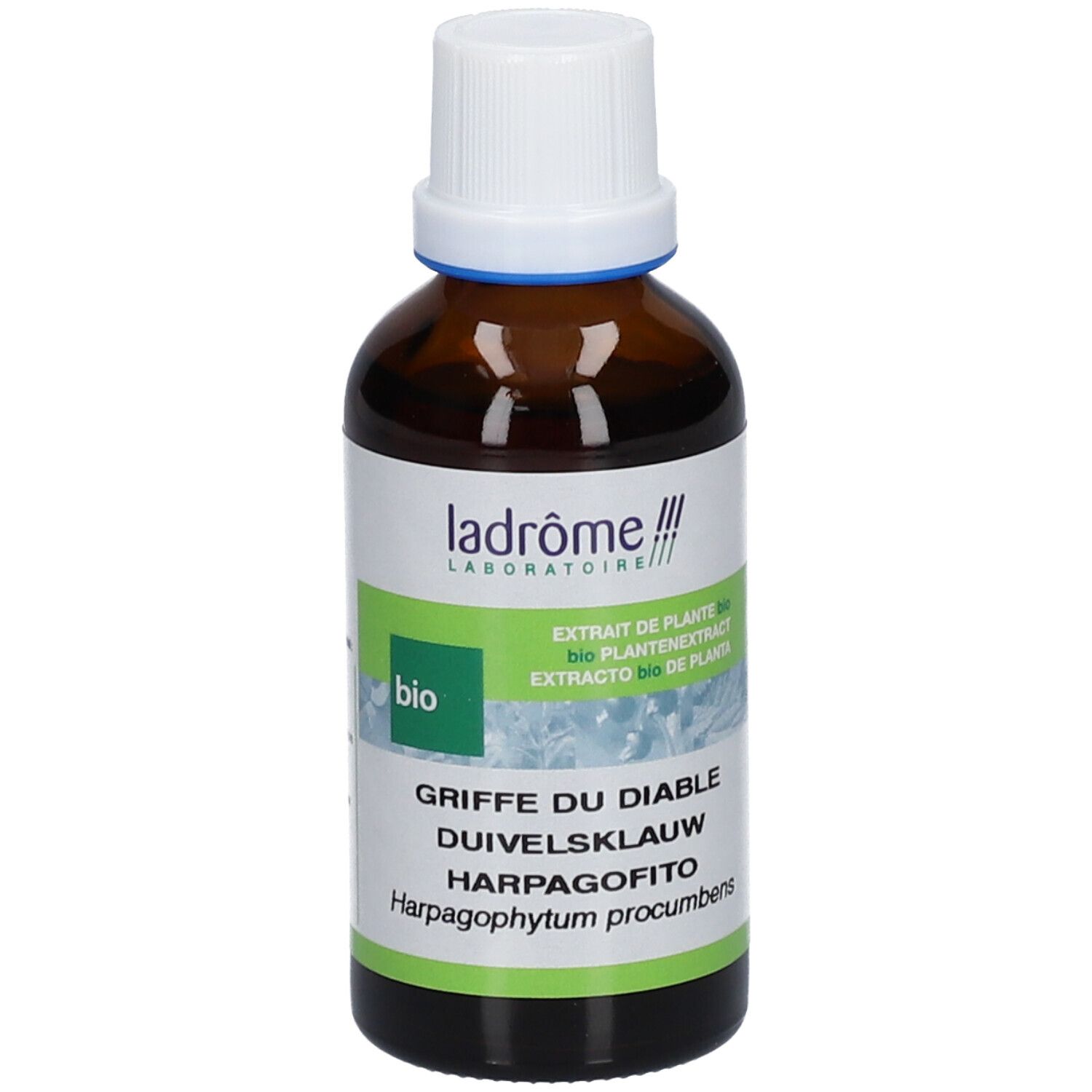 Flacon en verre brun avec bouchon blanc et étiquette verte. Nom du produit et label bio visibles.