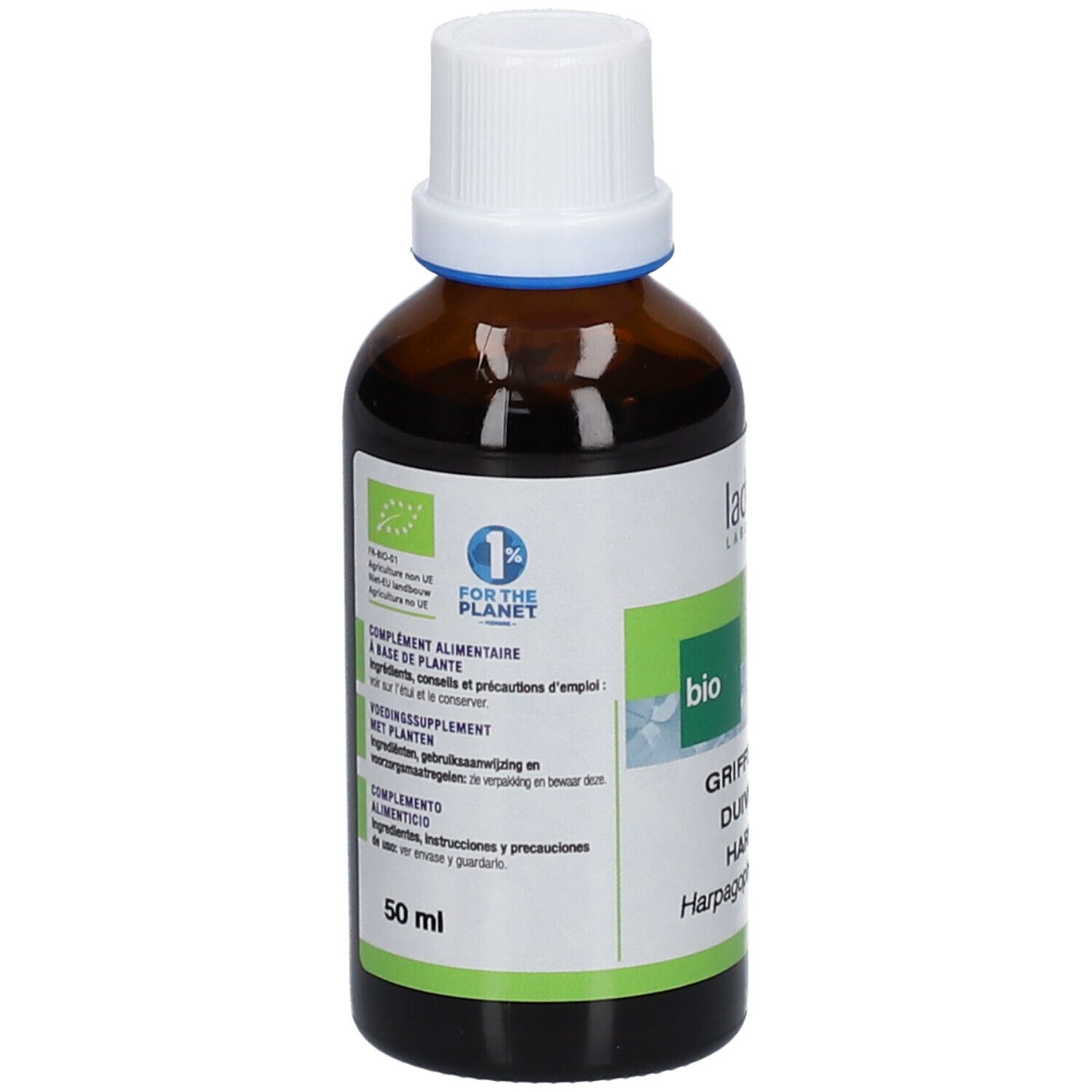 Flacon en verre brun avec bouchon blanc et étiquette verte. Label bio et informations produit.
