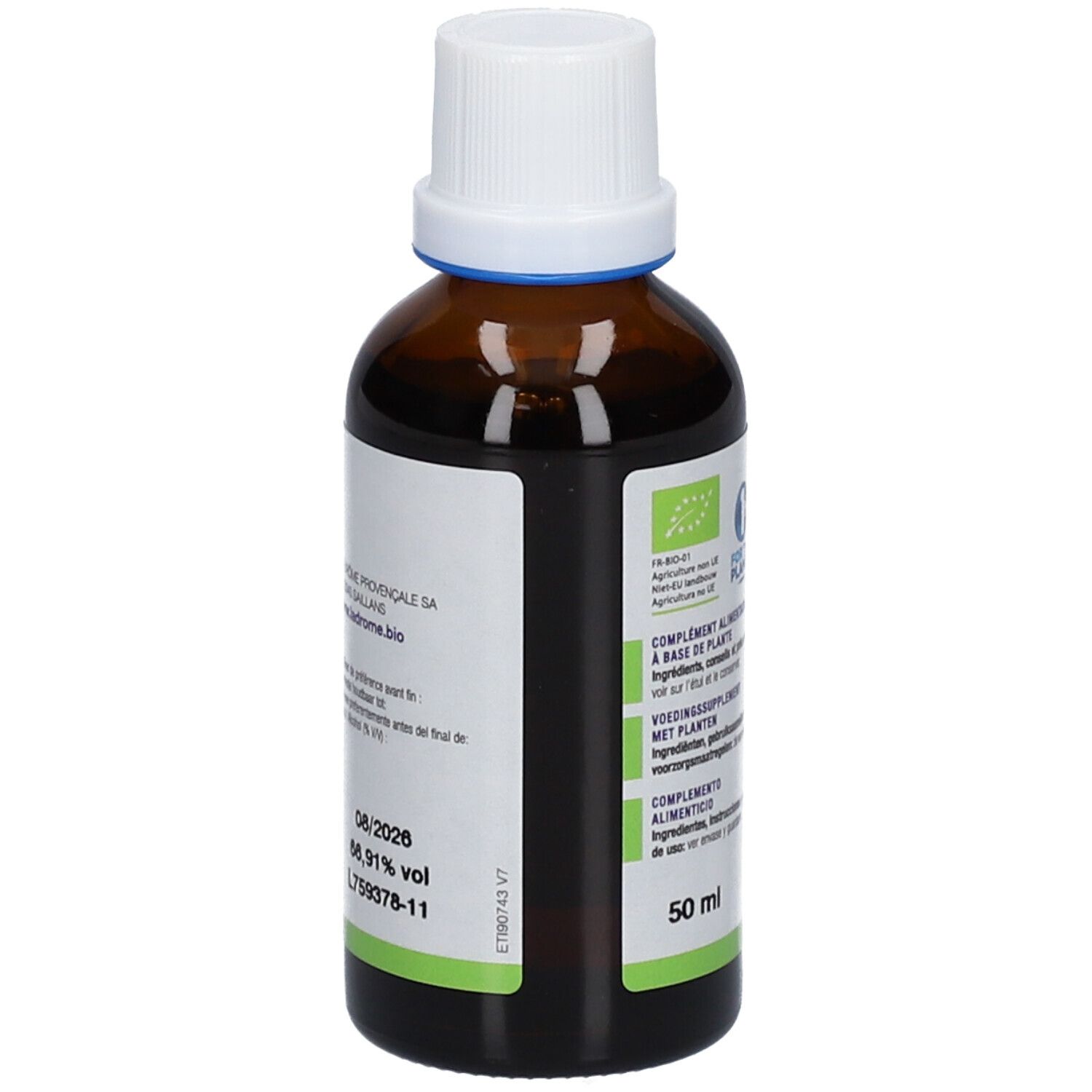Flacon en verre brun avec bouchon blanc. Étiquette avec informations produit et volume 50 ml.