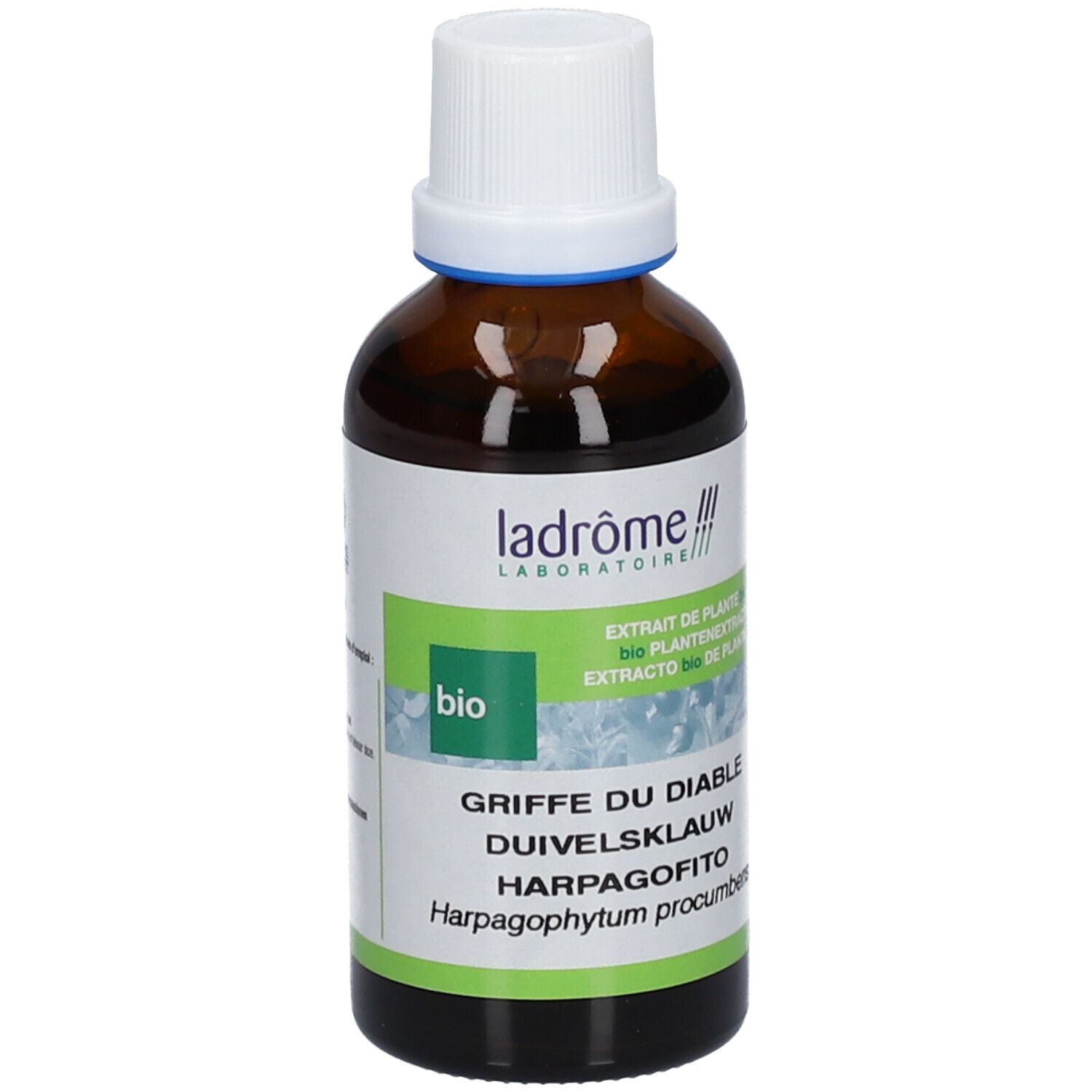 Flacon en verre brun avec bouchon blanc et étiquette verte. Nom du produit et label bio.