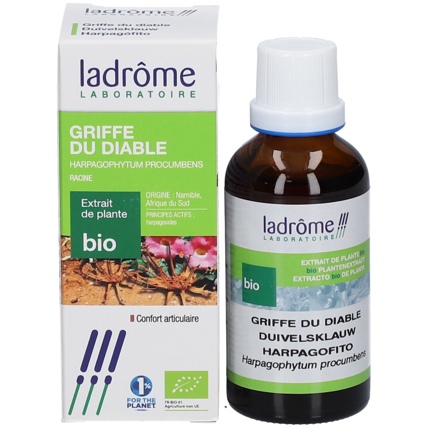 Flacon en verre brun et boîte. Sur la boîte : nom du produit, label bio et illustration.