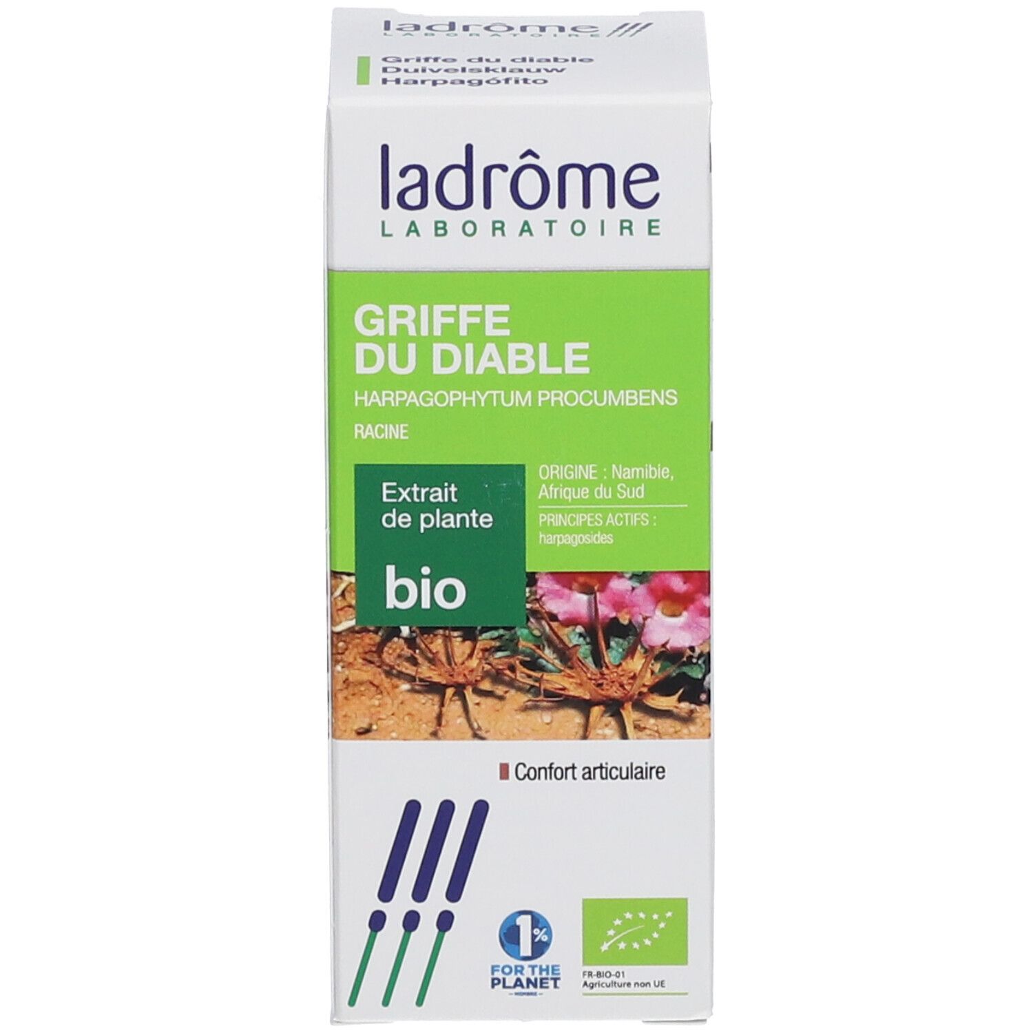Boîte avec informations produit. Nom du produit, label bio et illustration.