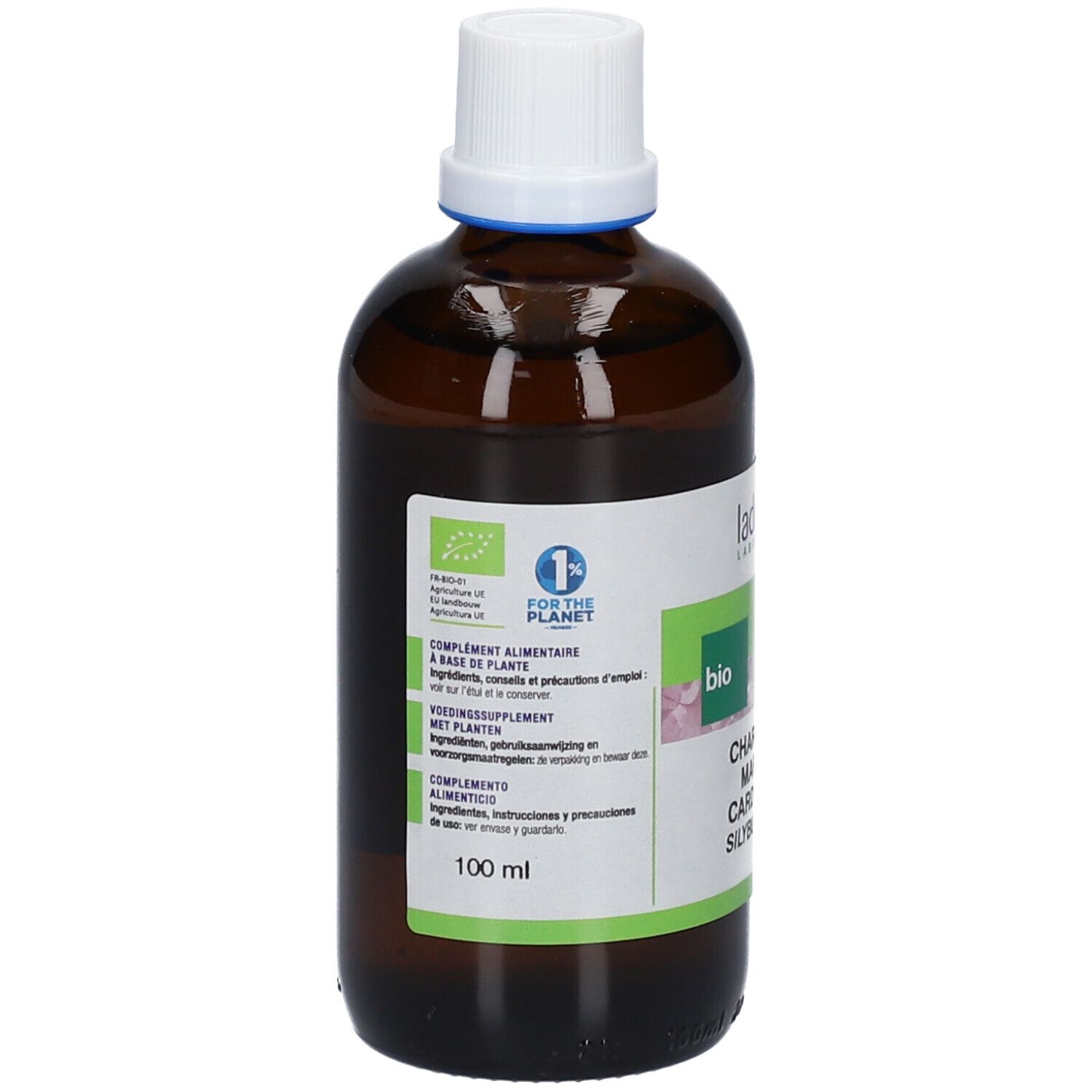 Flacon en verre brun avec bouchon blanc. Étiquette avec informations produit, label Bio et 100 ml.
