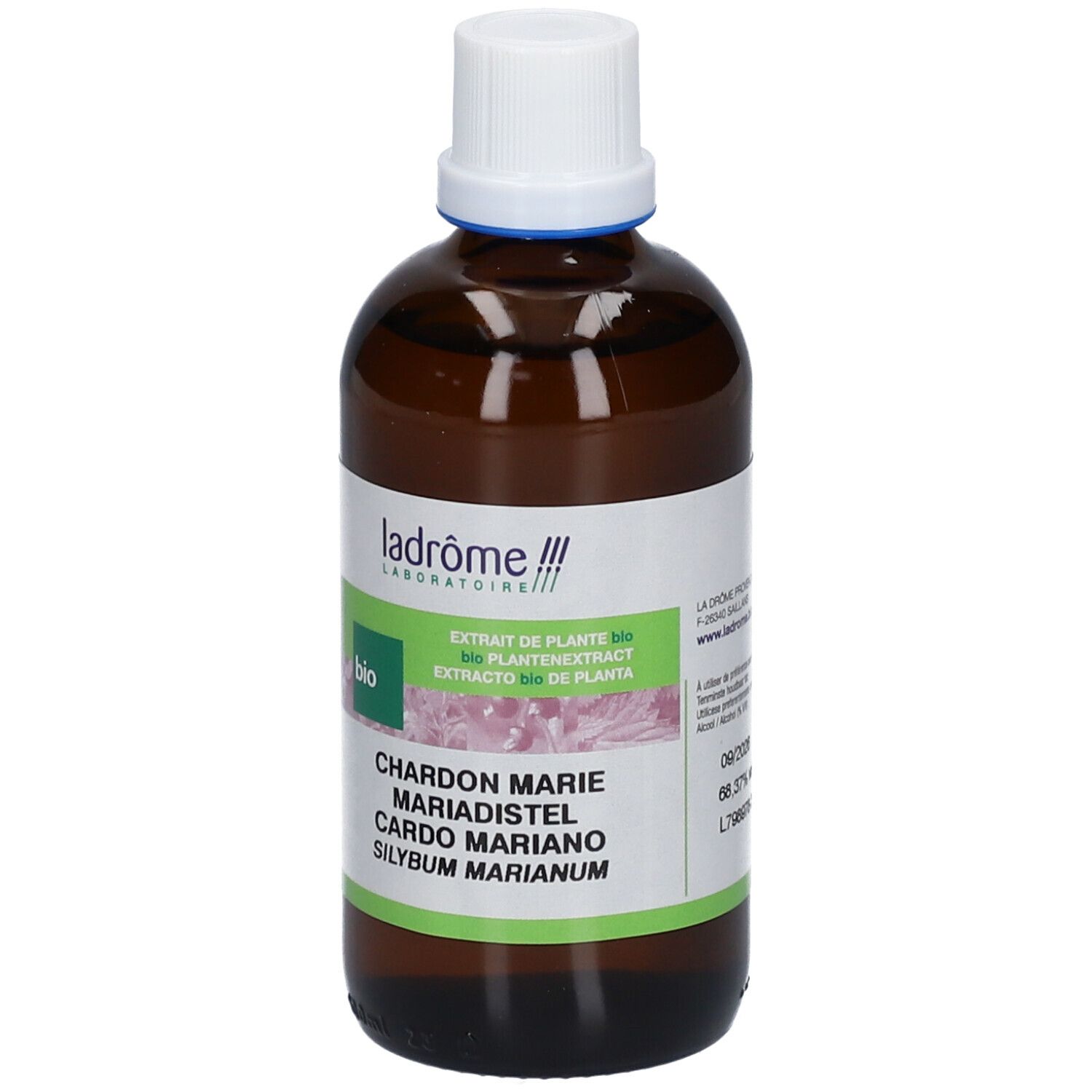 Flacon en verre brun avec bouchon blanc. Étiquette avec nom du produit, logo Ladrôme et label Bio.