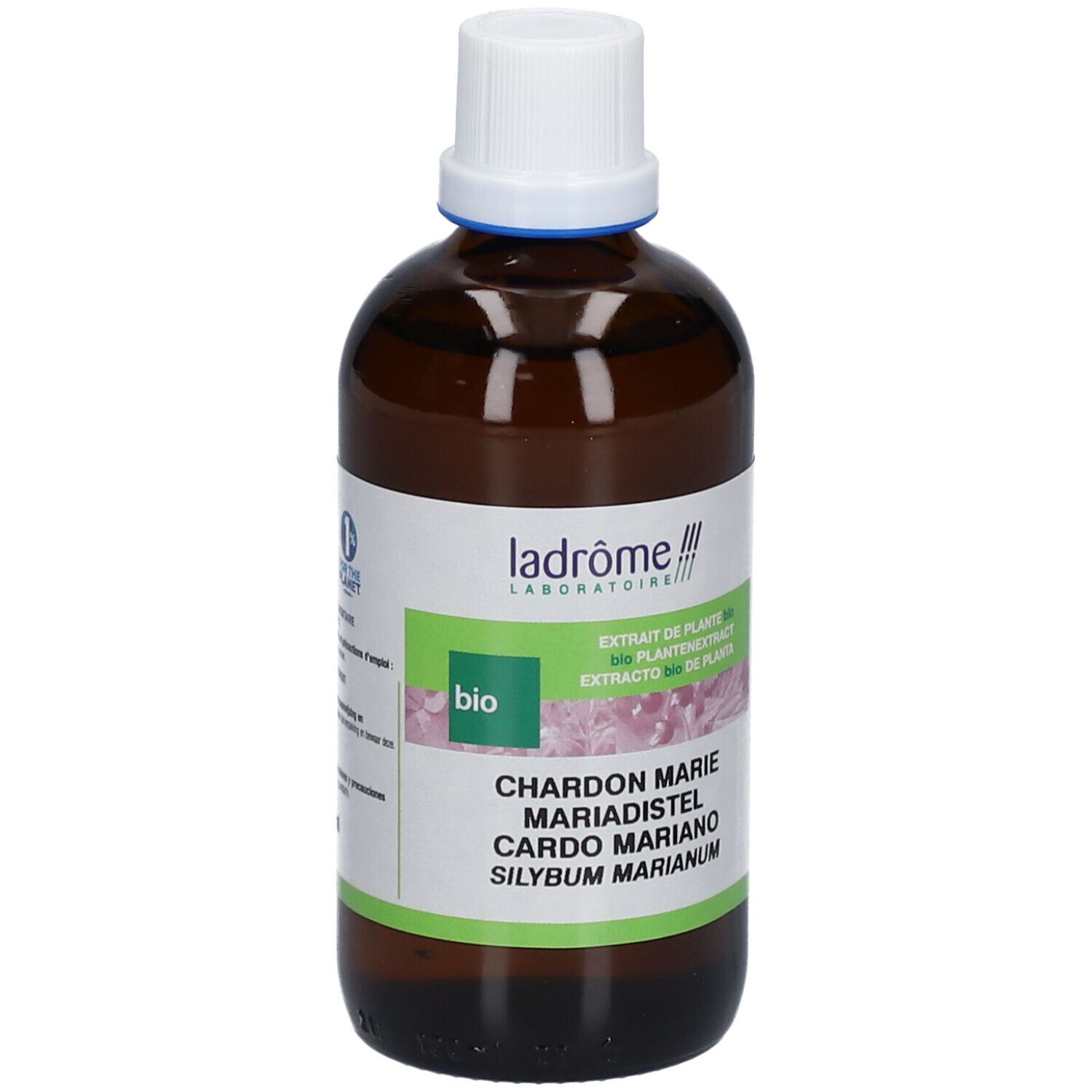 Flacon en verre brun avec bouchon blanc. Étiquette avec nom du produit, logo Ladrôme et label Bio.