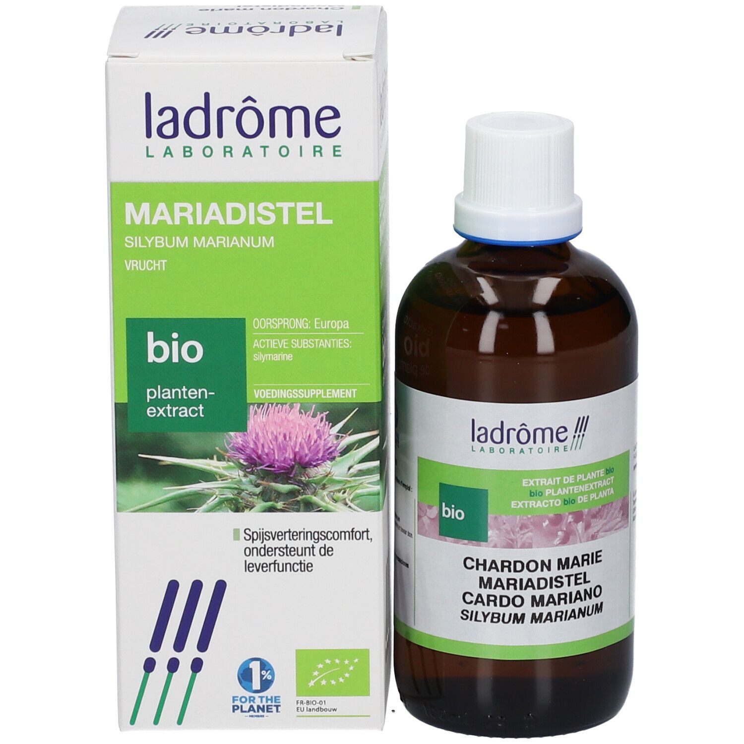 Flacon et emballage. Emballage avec nom du produit, logo et label Bio. Logo Ladrôme.