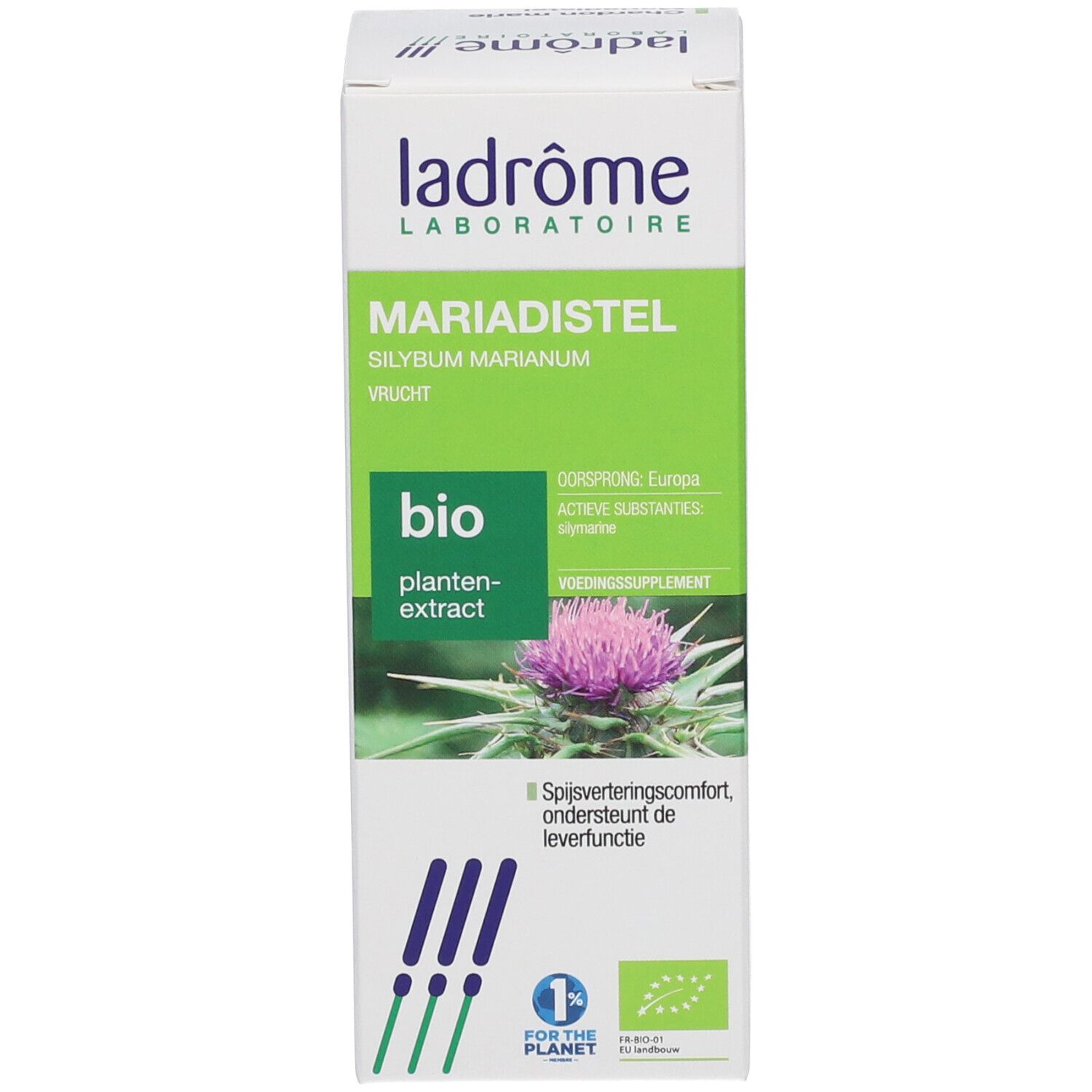 Emballage avec nom du produit, logo et label Bio. Logo Ladrôme. Illustration du chardon-marie.