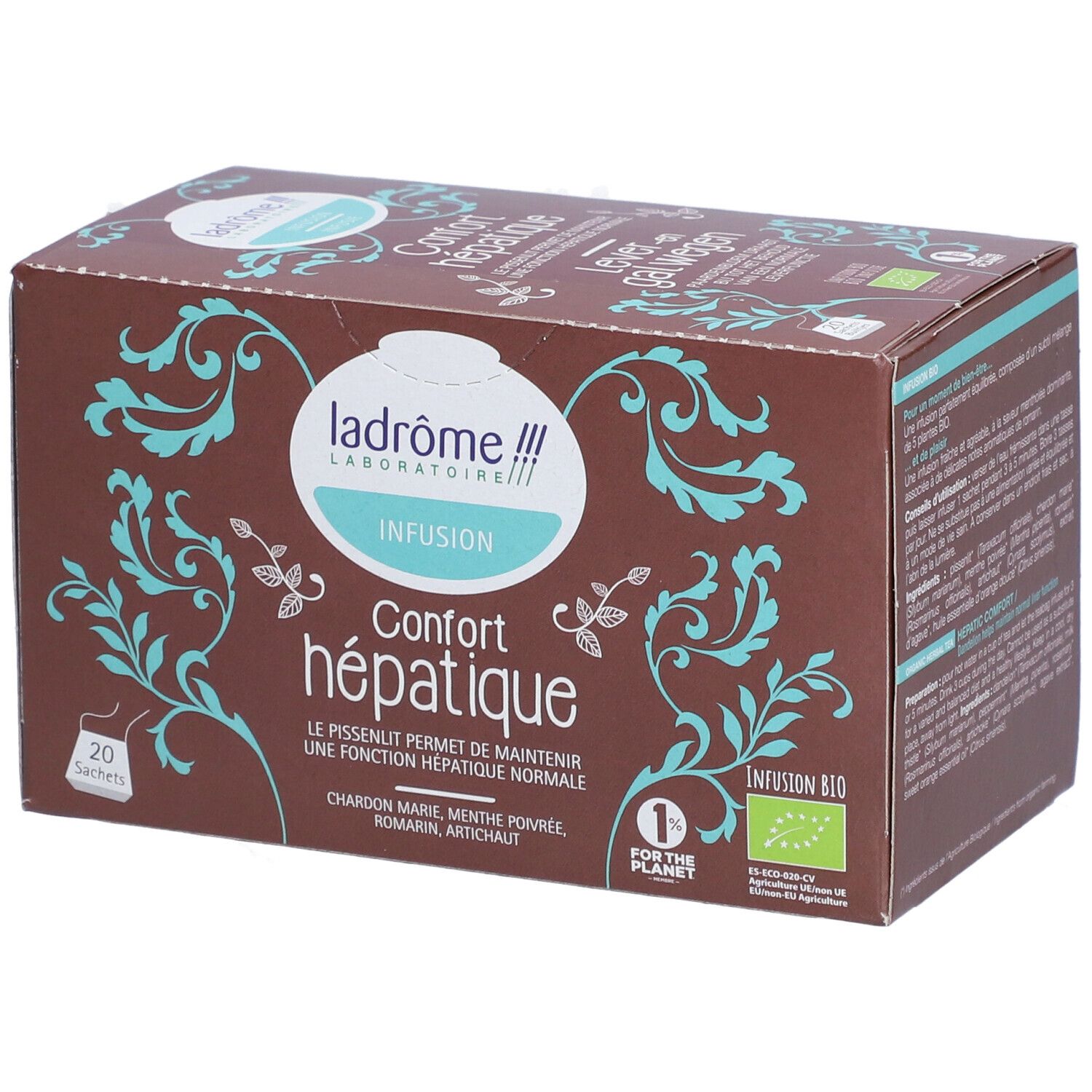 Boîte marron "Confort hépatique" et "Infusion". 20 sachets. Certification bio.