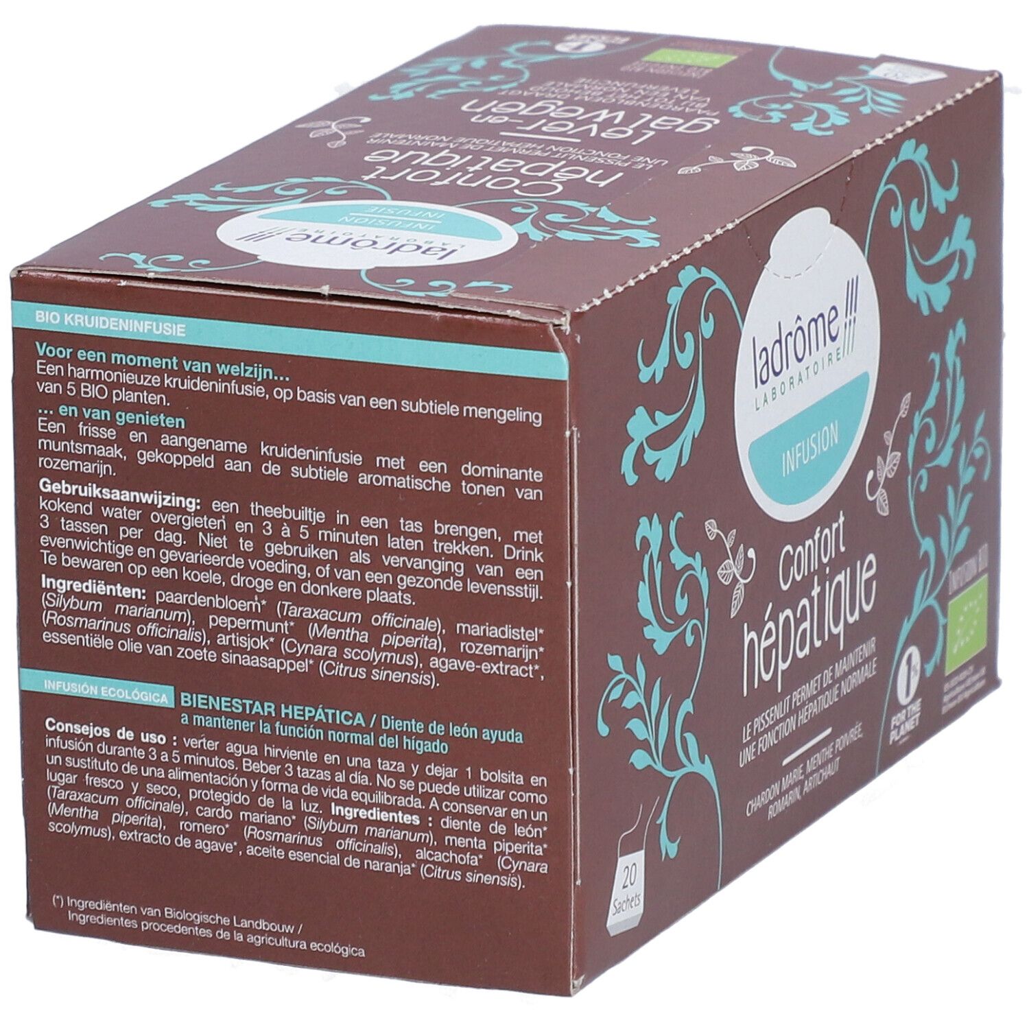Boîte marron "Lever-en galwegen" et "Infusion". 20 sachets. Certification bio.