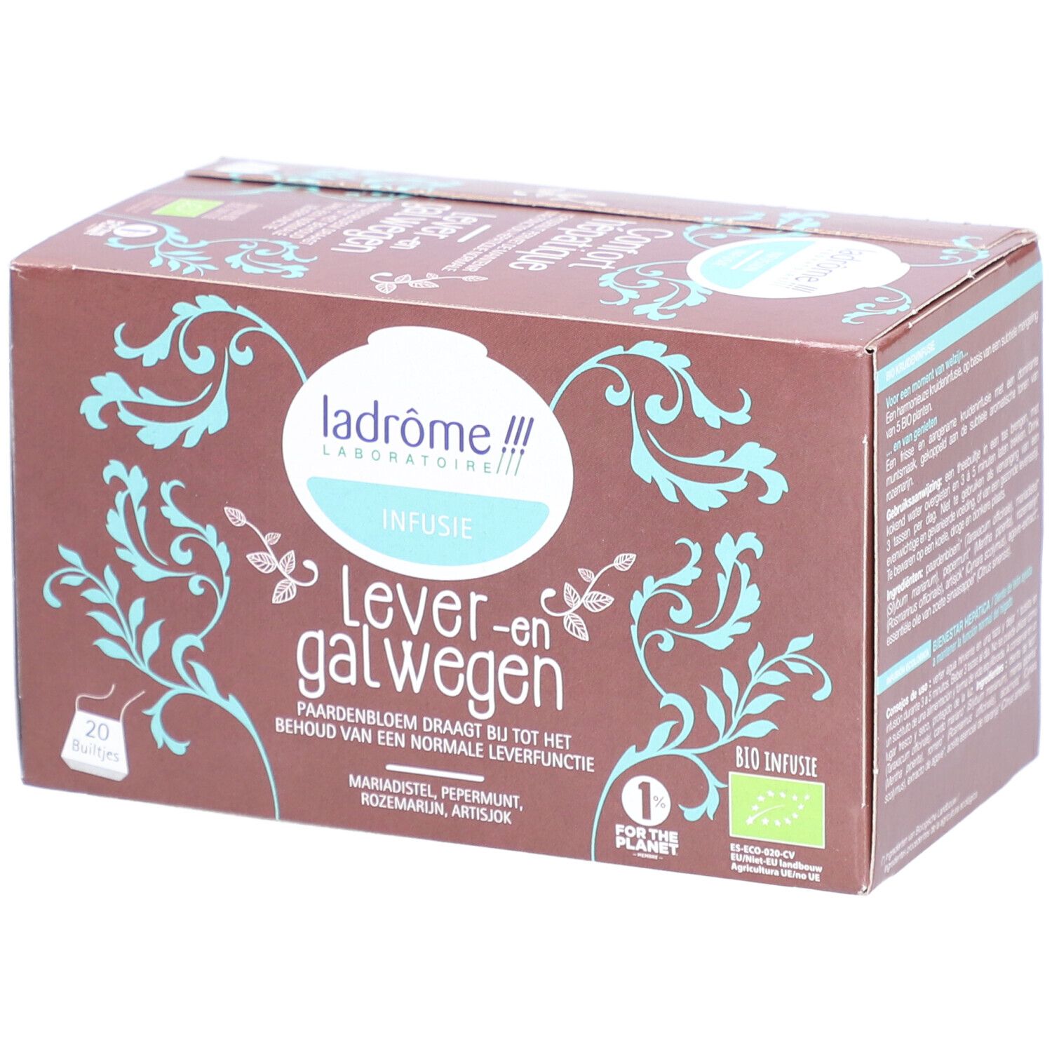 Boîte marron "Lever-en galwegen" et "Infusie". 20 sachets. Certification bio.