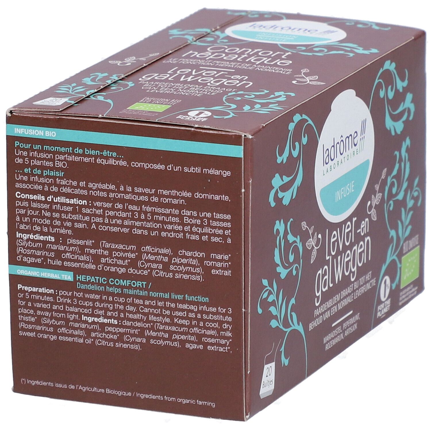 Boîte marron "Lever-en galwegen" et "Infusion". 20 sachets. Certification bio.