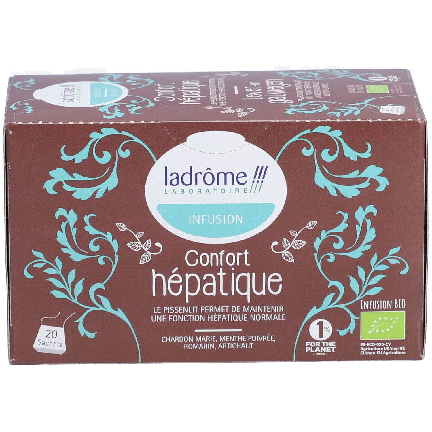Boîte marron "Confort hépatique" et "Infusion". 20 sachets. Certification bio.
