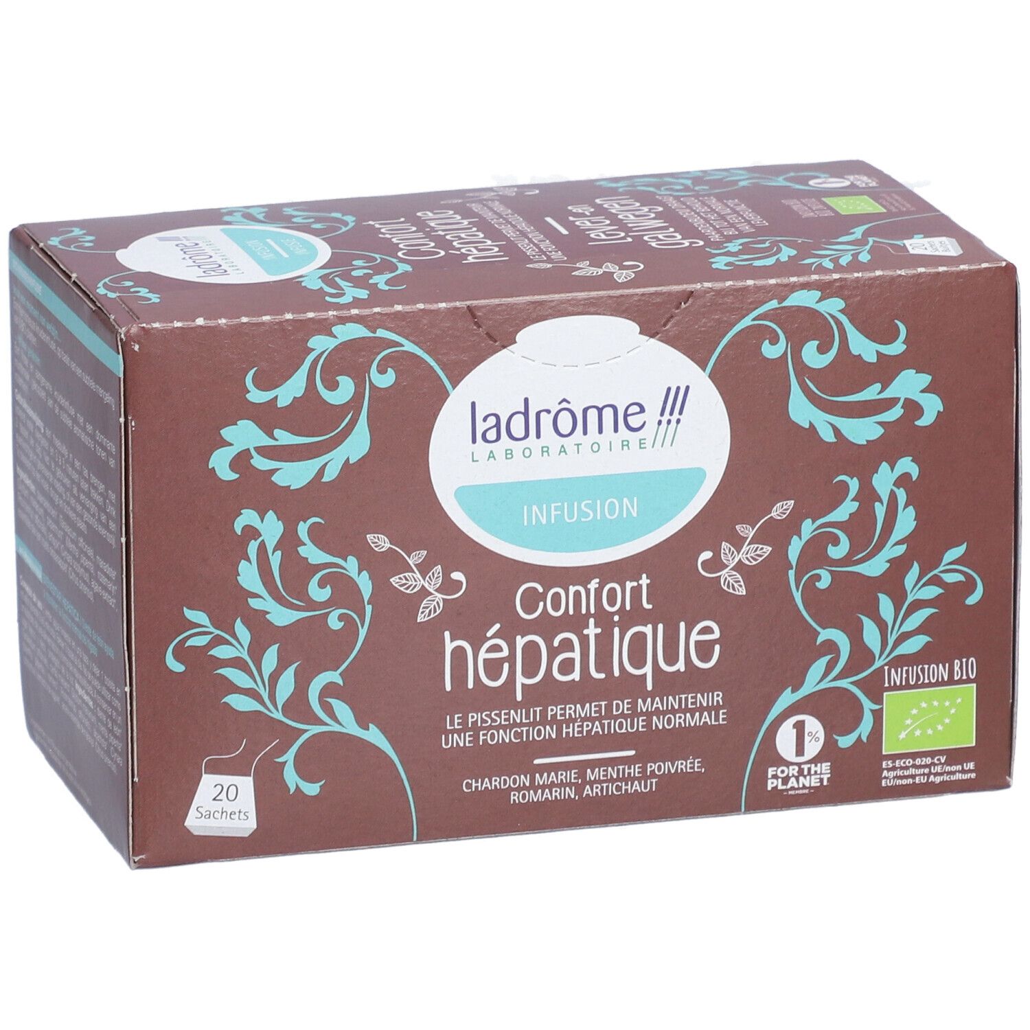 Boîte marron "Confort hépatique" et "Infusion". 20 sachets. Certification bio.