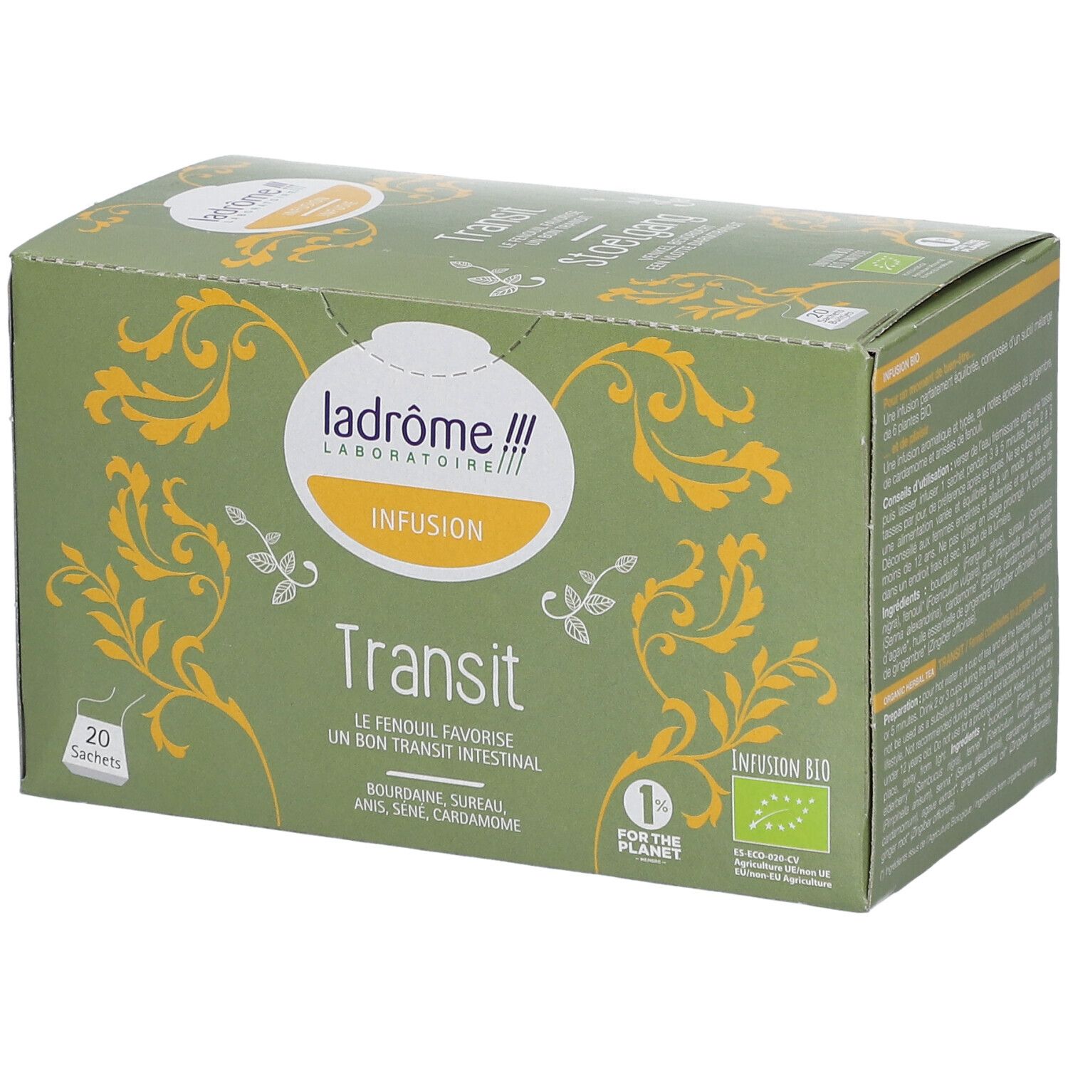 Doos Ladrôme Infusion Transit Bio. Groene verpakking met gele versieringen, logo en tekst. 20 zakjes.
