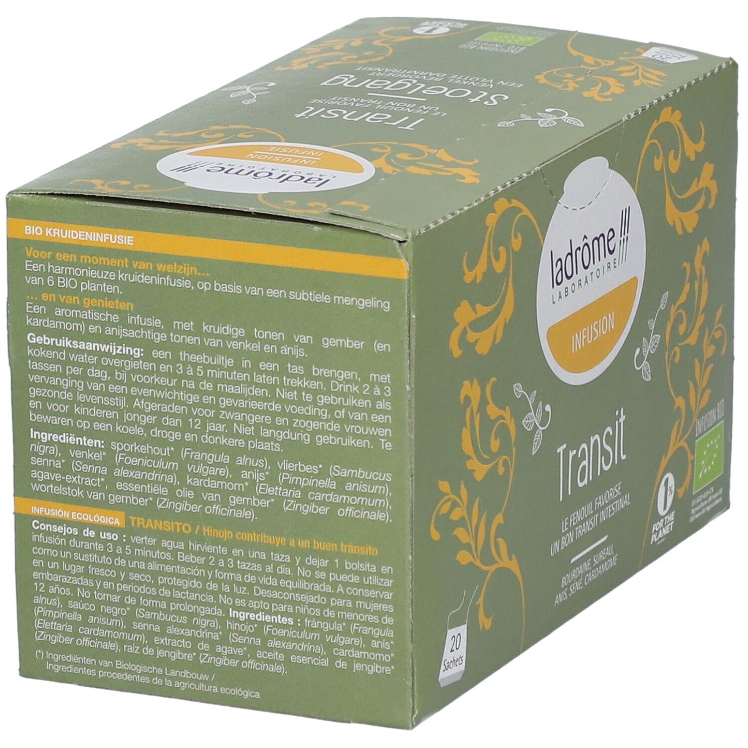 Doos Ladrôme Infusion Stoelgang. Groene verpakking met gele versieringen, logo en tekst. 20 zakjes.