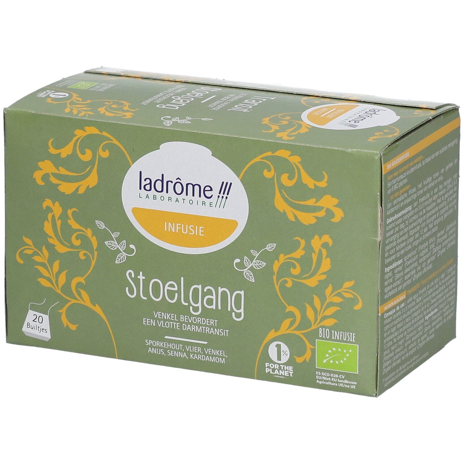 Doos Ladrôme Infusion Stoelgang. Groene verpakking met gele versieringen, logo en tekst. 20 zakjes.